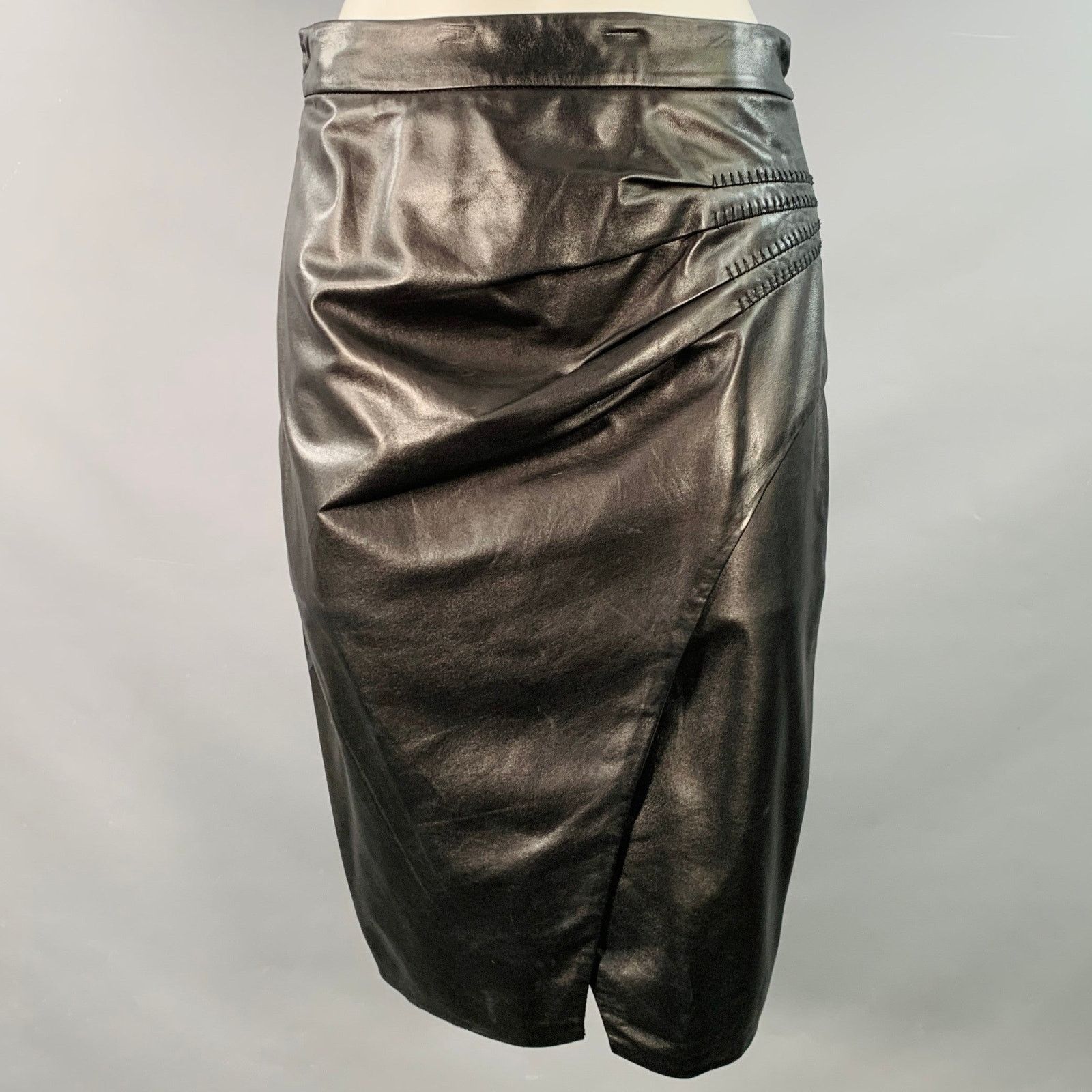 L'AGENCE Black Pleated Lambskin Leather Pencil Below Knee Skirt Size 30" / US 8 / IT 44 - 1 Thumbnail