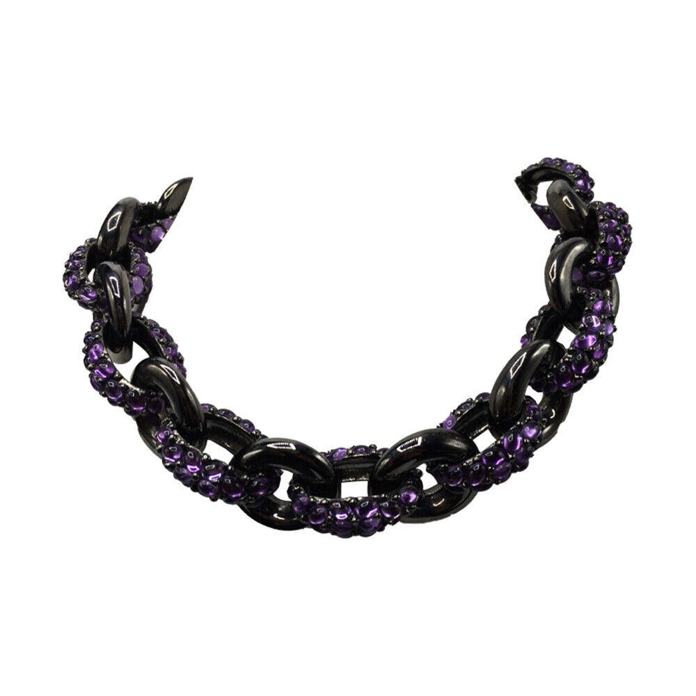 Designer Simulated Pink Sapphire Cabochon Black Rhodium Link Necklace Size ONE SIZE - 1 Thumbnail