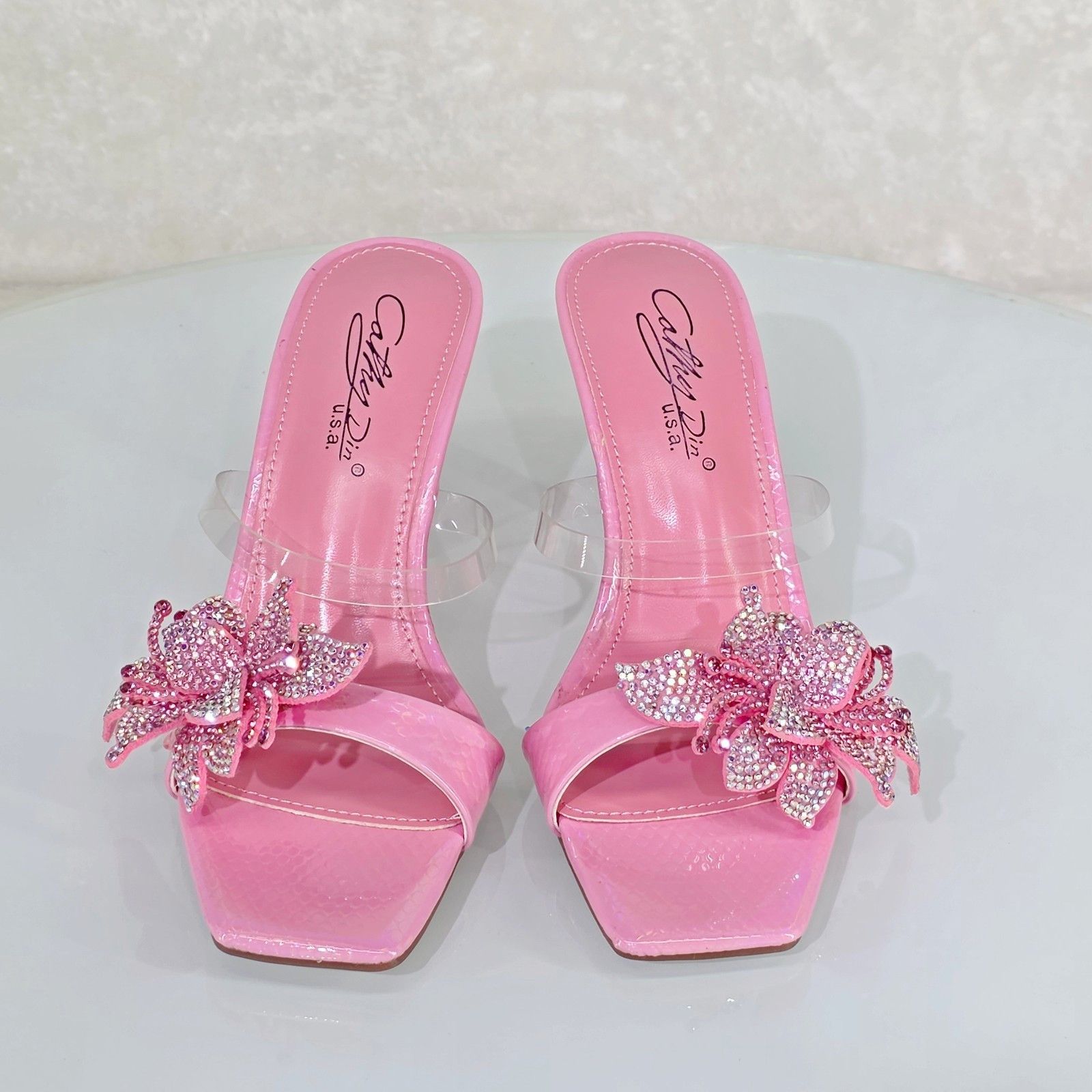 Other Lily Rhinestone Flower Pink Slip On 3.25" Heel Casual Evenin Size US 6.5 / IT 36.5 - 7 Thumbnail