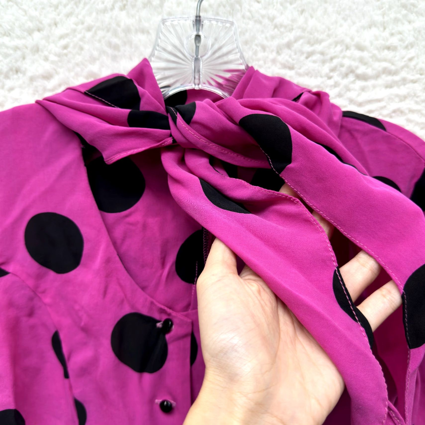 Anna Sui VINTAGE 90s Y2K Anna Sui Top Blouse Shirt Silk Pink Black Polka Dot Small Neck Tie Womens Size S / US 4 / IT 40 - 3 Thumbnail