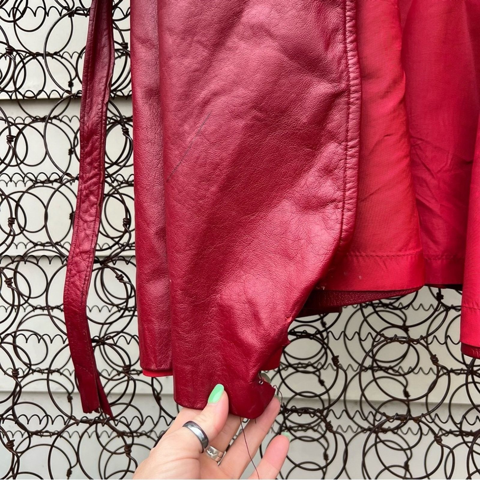 Vintage 60s 70s Red Leather Silver Fox Fur Mrs Claus Trench Coat Size XL / US 12-14 / IT 48-50 - 10 Thumbnail