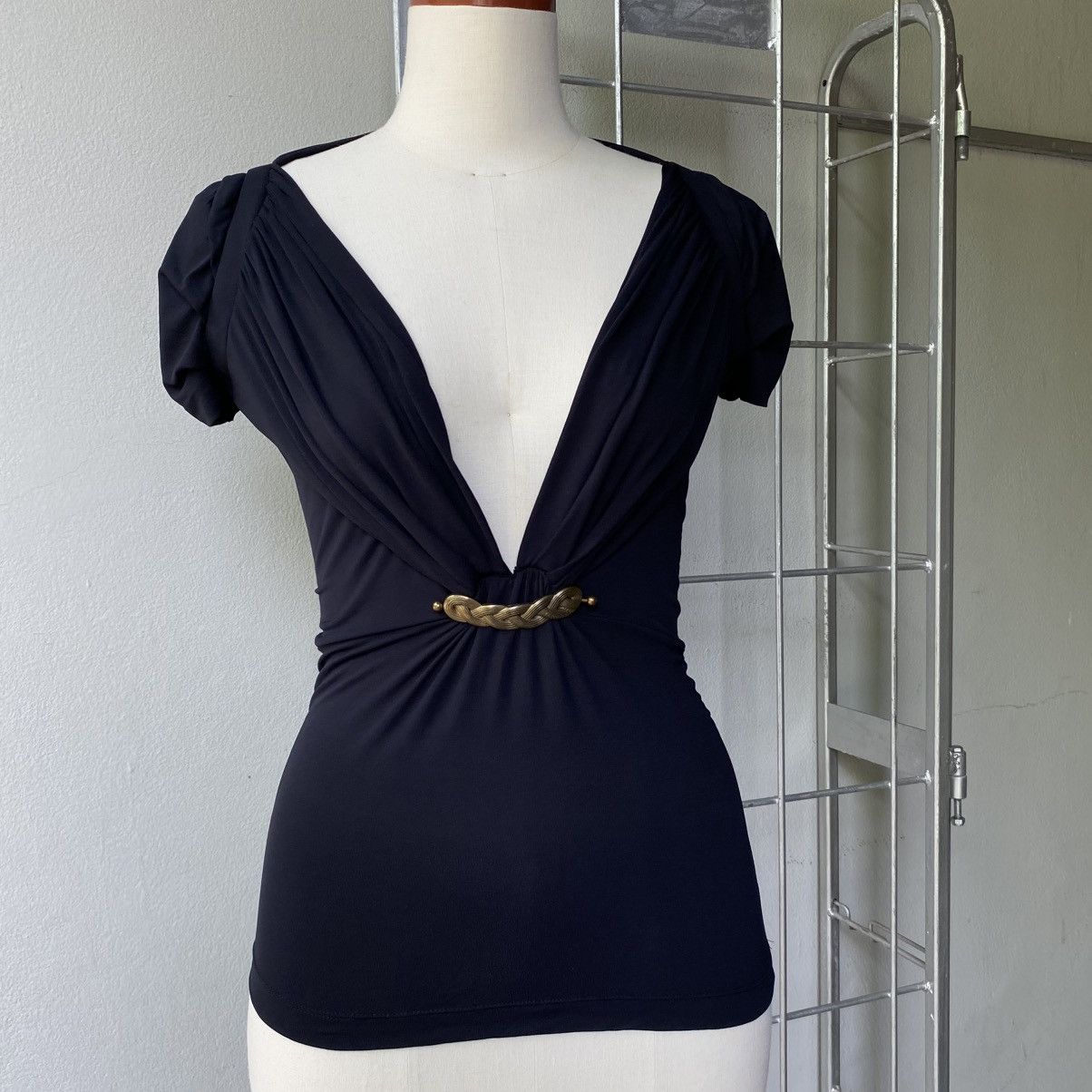 Just Cavalli Just Cavalli Black Draped Top with Braided Belt Detail Size XS / US 0-2 / IT 36-38 - 1 Thumbnail