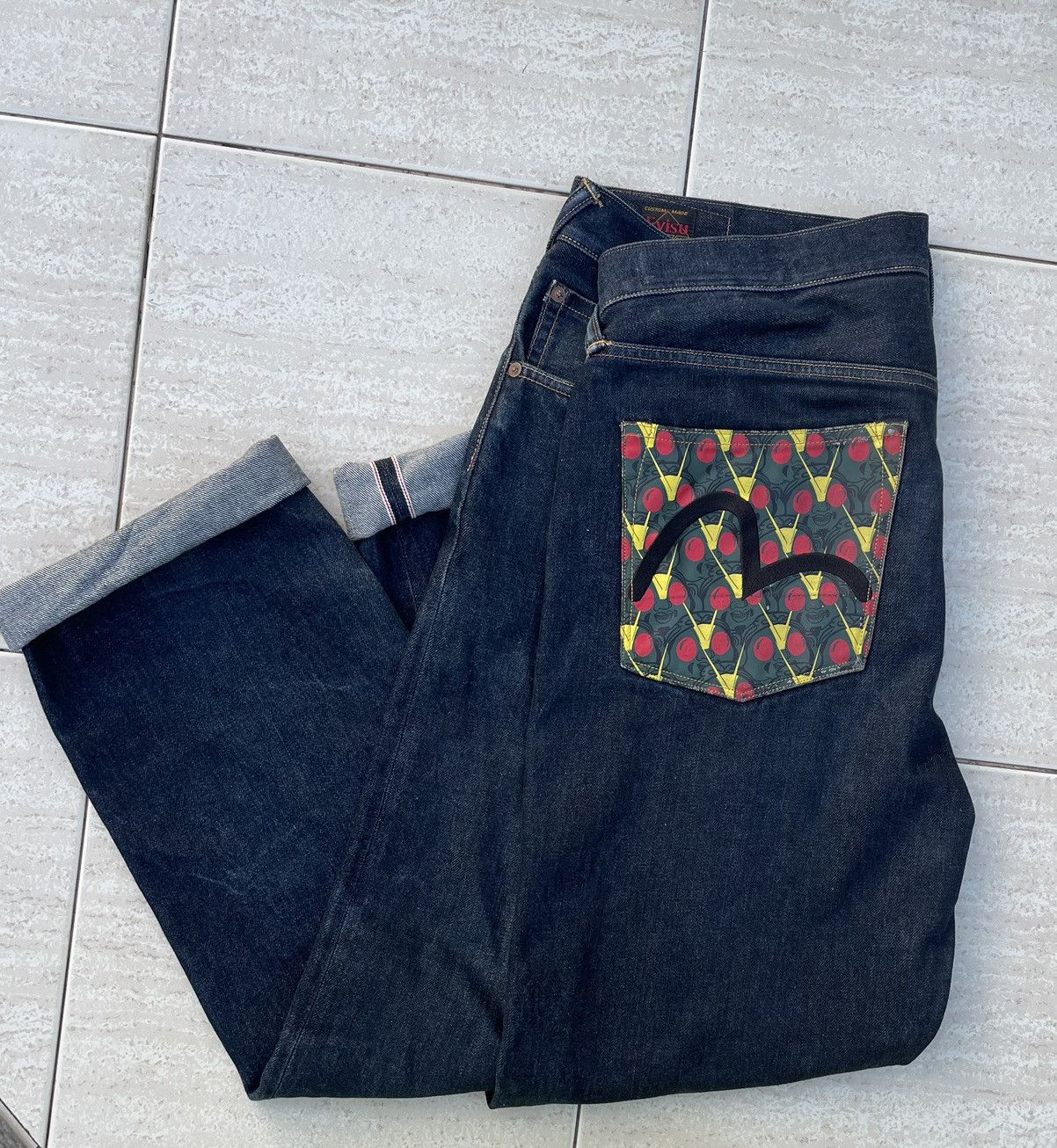 image of Evisu Lot 2000 Pocket Logo Selvedge Denim Pants in Washed Denim, Men's (Size 36)