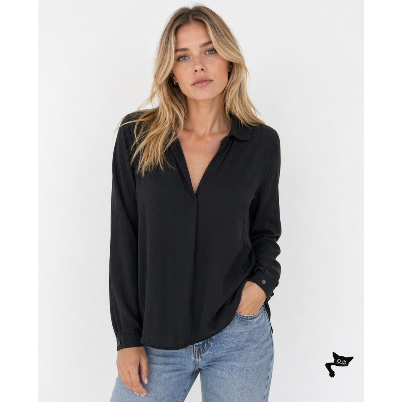 Other Leith Black Long Sleeve V-Neck Collar Tunic Top Blouse M Size M / US 6-8 / IT 42-44 - 3 Thumbnail