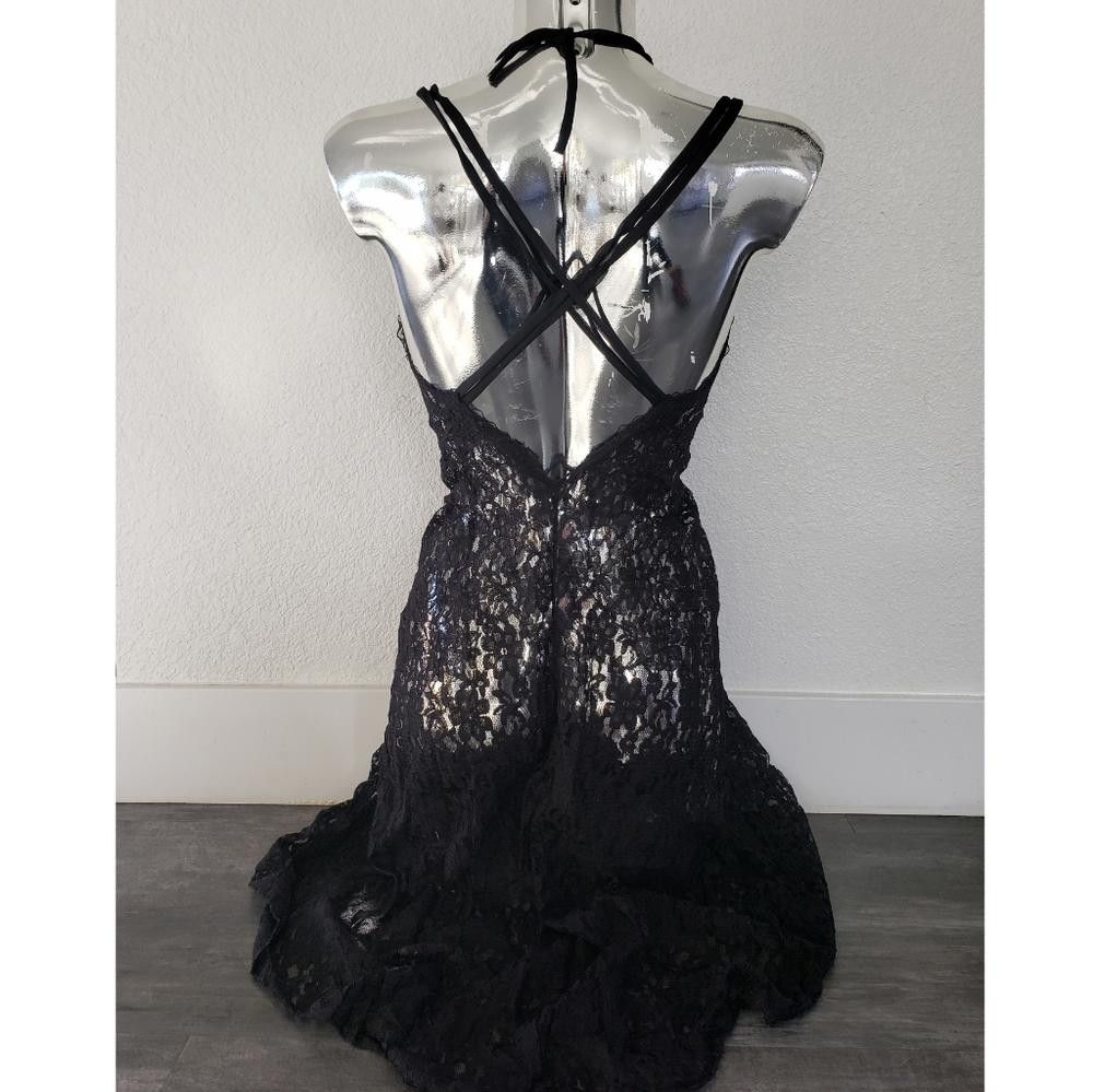 Designer Black Pink Rose Detailed Long Lingerie Nightie Size ONE SIZE - 2 Thumbnail