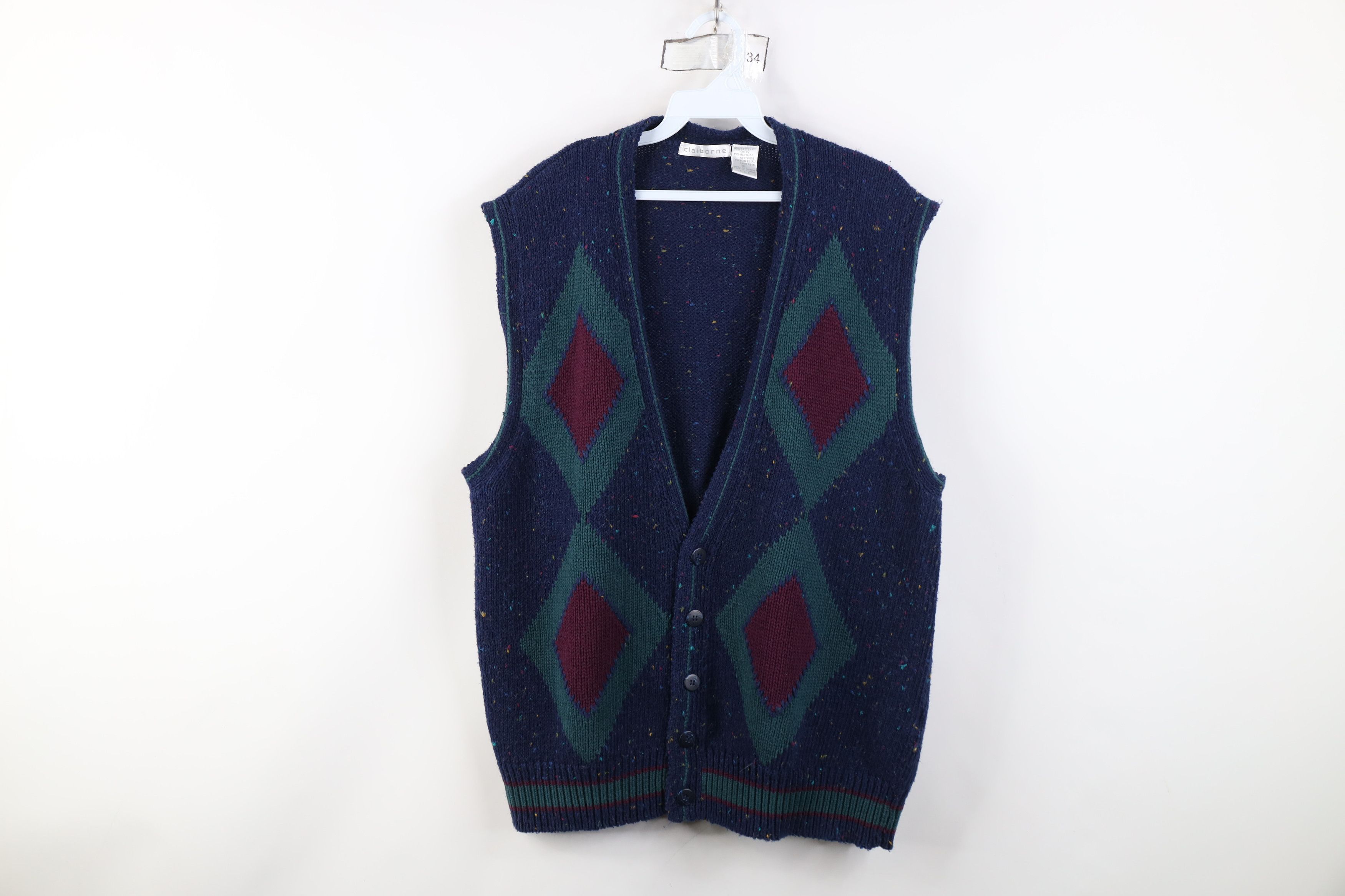 Vintage Vintage 90s Streetwear Diamond Knit Cardigan Sweater Vest Size US XL / EU 56 / 4 - 1 Thumbnail
