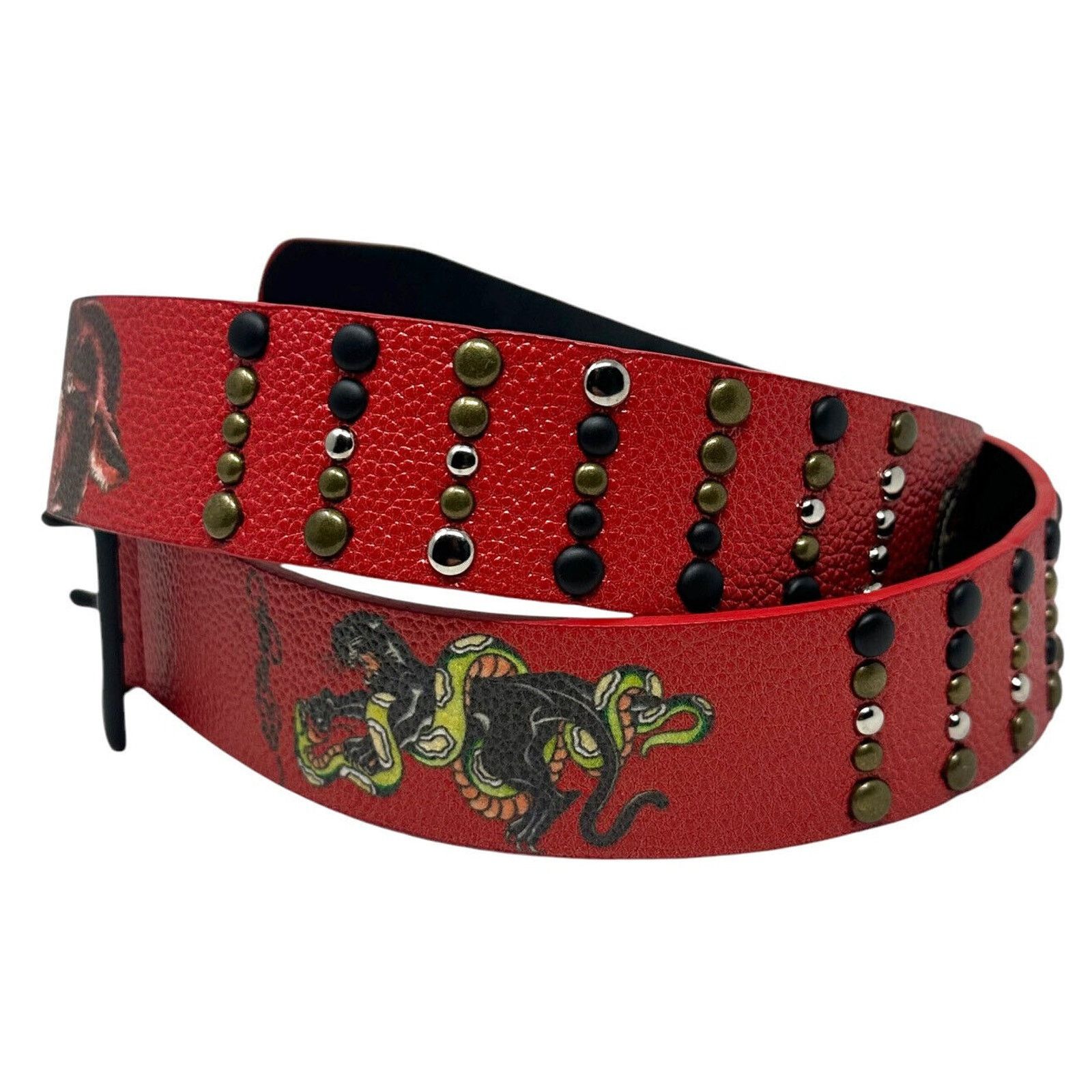 Ed Hardy Ed Hardy Men's Panther Print Red Belt With Rivet Studs Size 40 - 3 Thumbnail