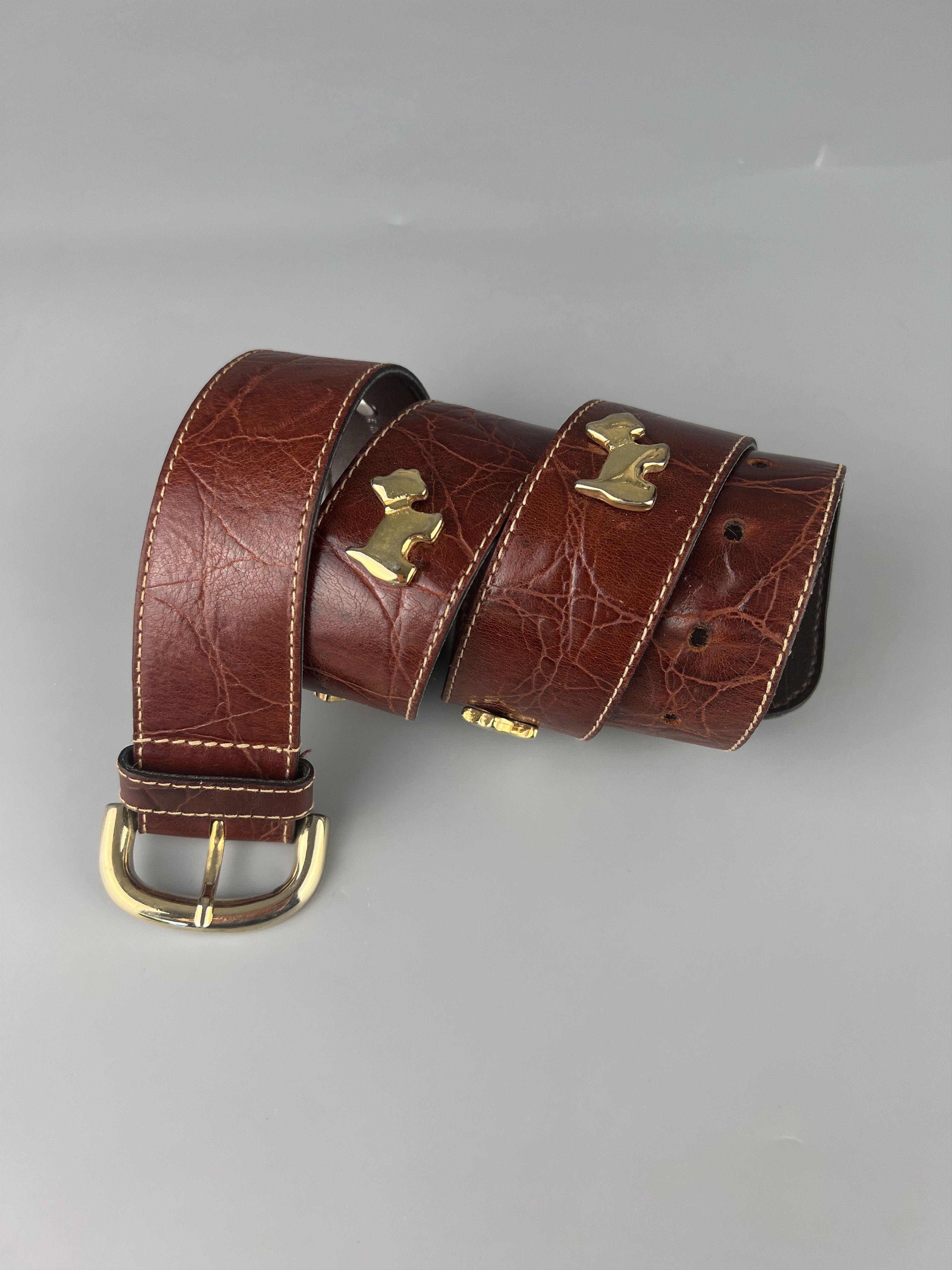 Furla × Vintage Furla Vintage Brown Leather Gold Scottie Dog Belt 85cm Italy Size ONE SIZE - 1 Thumbnail