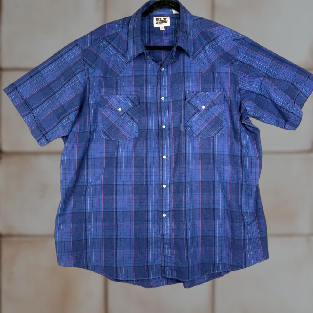 Vintage VINTAGE Ely Cattleman Button-Down Shirt Blue Western Cowboy Short Sleeve XL Men's Stain on front Size US XL / EU 56 / 4 - 1 Thumbnail