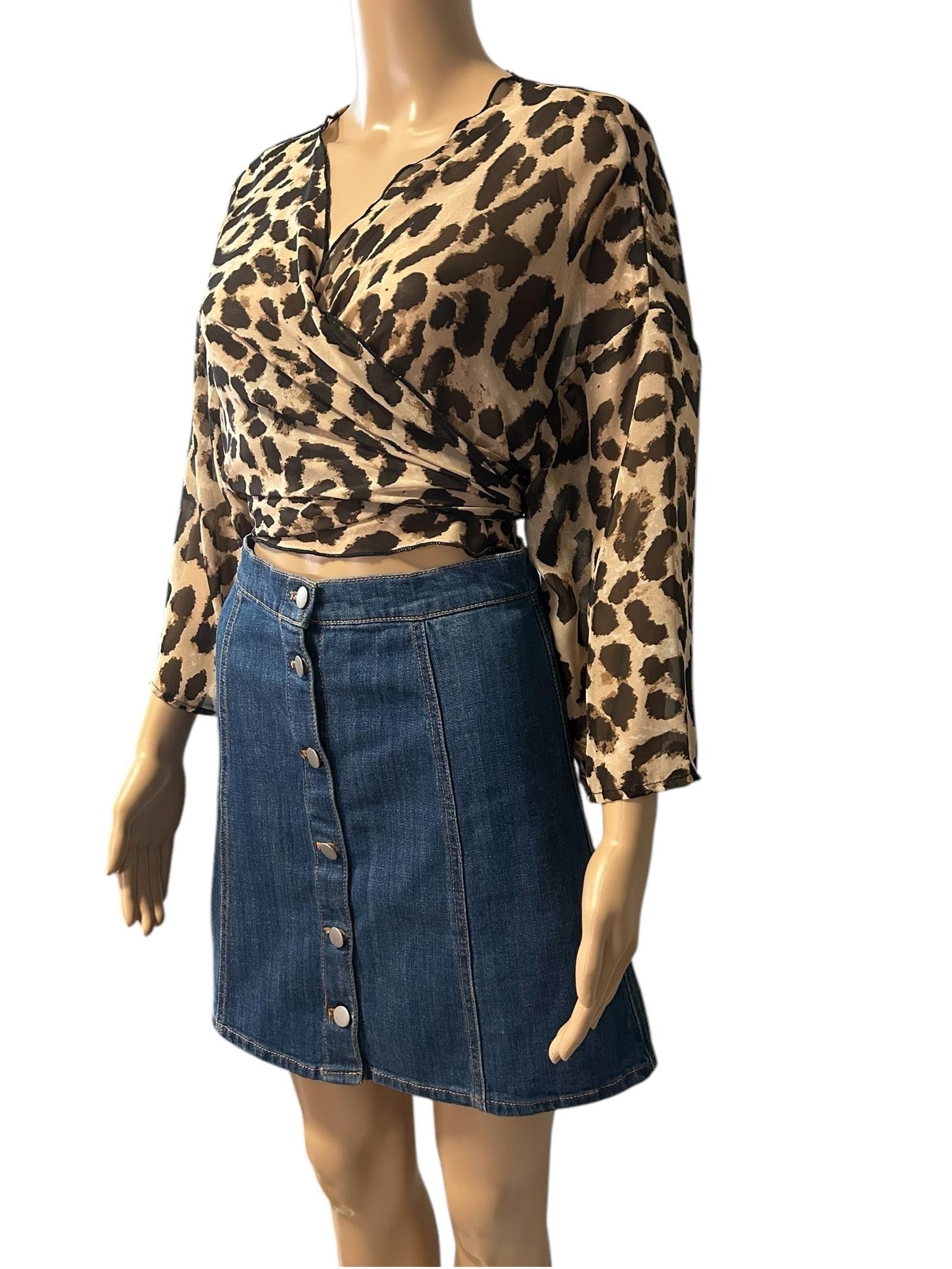 Designer Chic Leopard Wrap Top with Denim Skirt Size L / US 10 / IT 46 - 3 Thumbnail