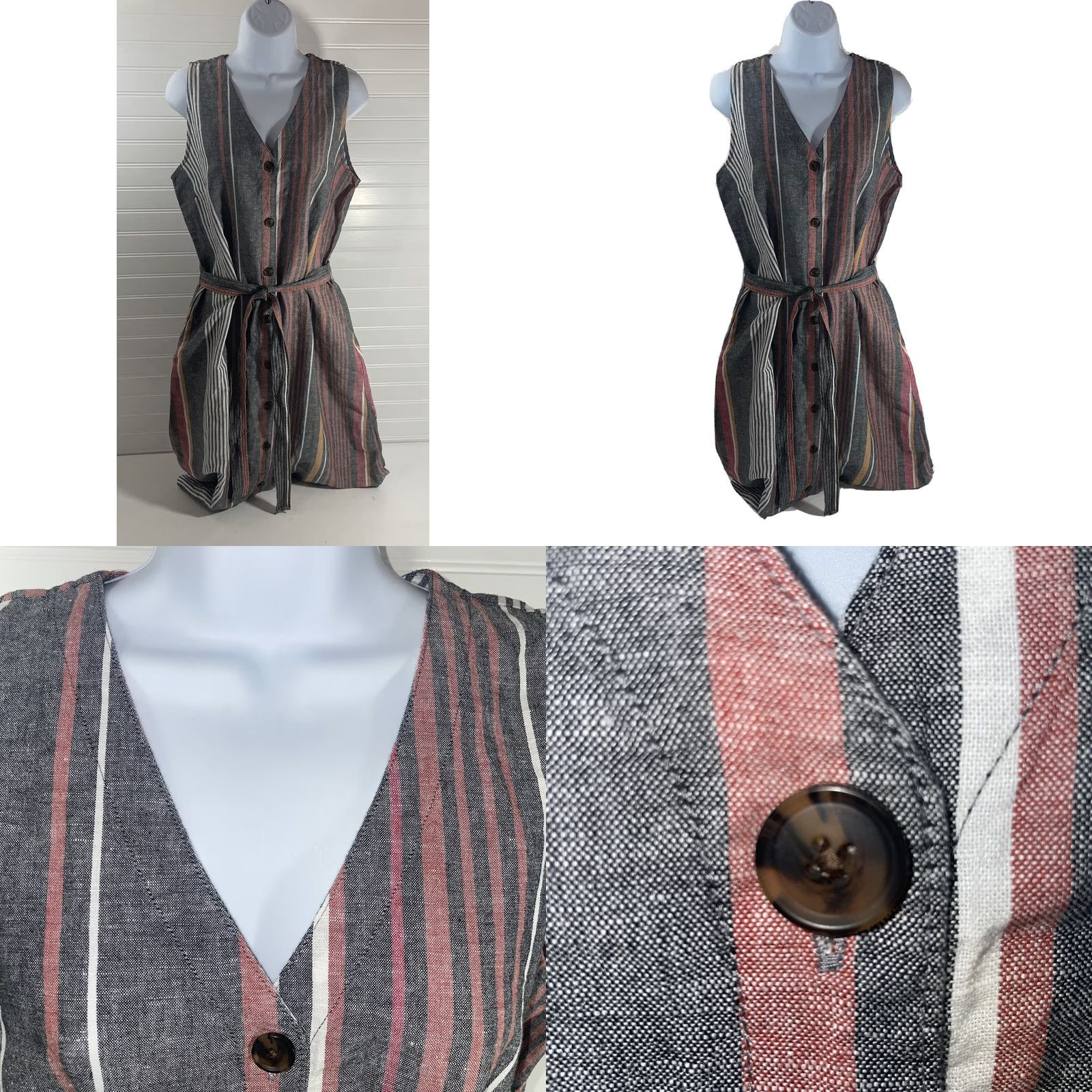 Liz Claiborne Liz Claiborne Maxi Dress Sleeveless V-Neck Multicolor Stripe M NWT Linen Cotton Knit Belted Button 2010-2019 Womens Size M / US 6-8 / IT 42-44 - 8 Thumbnail