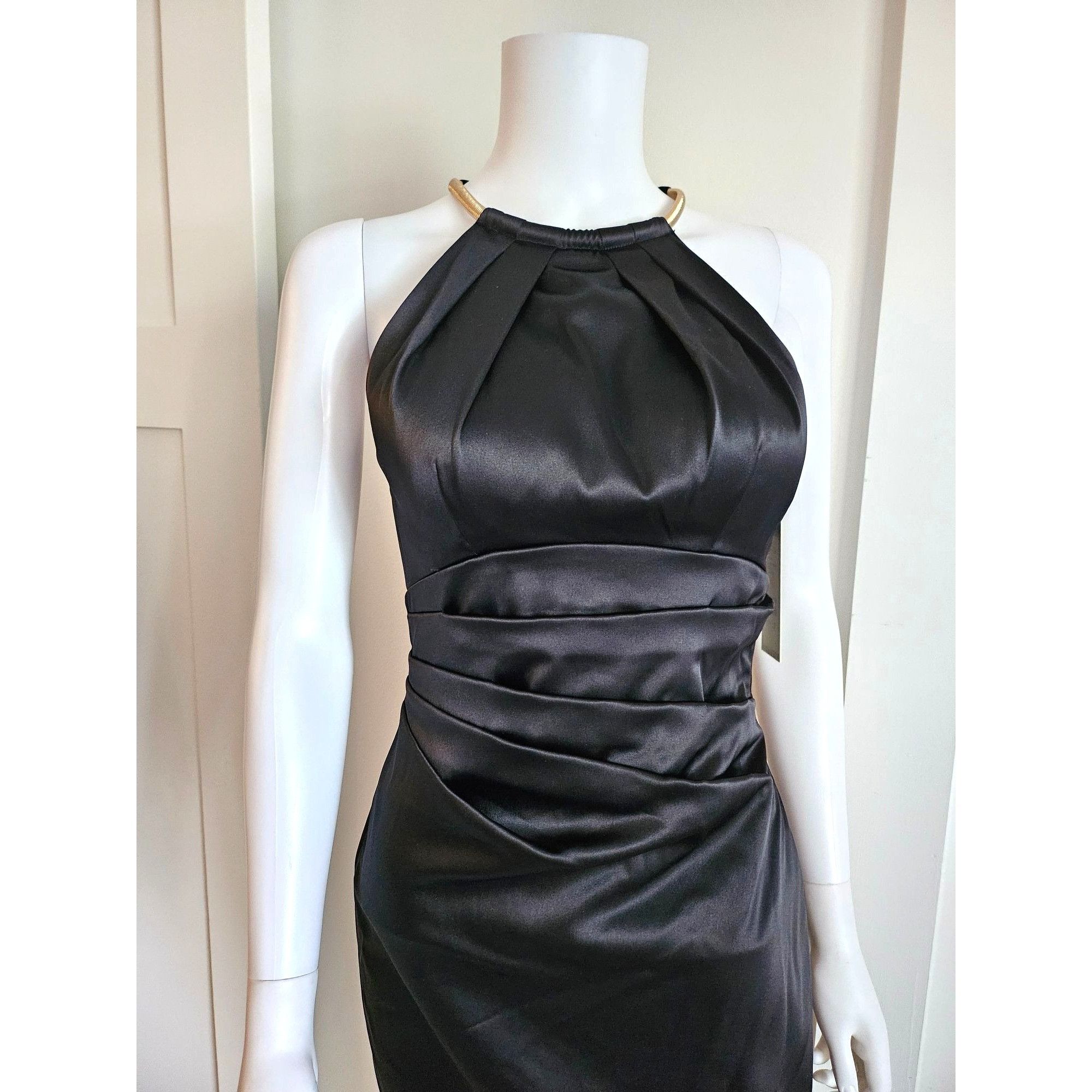 Eliza J. Missy Black Satin with Gold-tone Halter/Choker Dres
