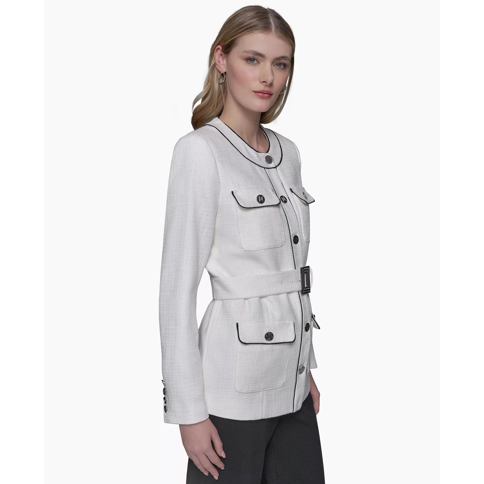 Karl Lagerfeld KARL LAGERFELD PARIS Womens Belted Contrast Tweed Jacket Size M / US 6-8 / IT 42-44 - 4 Thumbnail