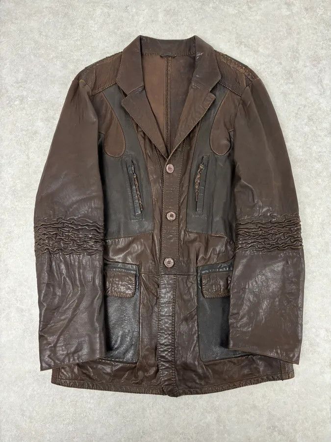 Marithe + Francois Girbaud SS2003 Marithé + François Girbaud Brown Leather Plissed Blazer Jacket Size US XL / EU 56 / 4 - 1 Thumbnail