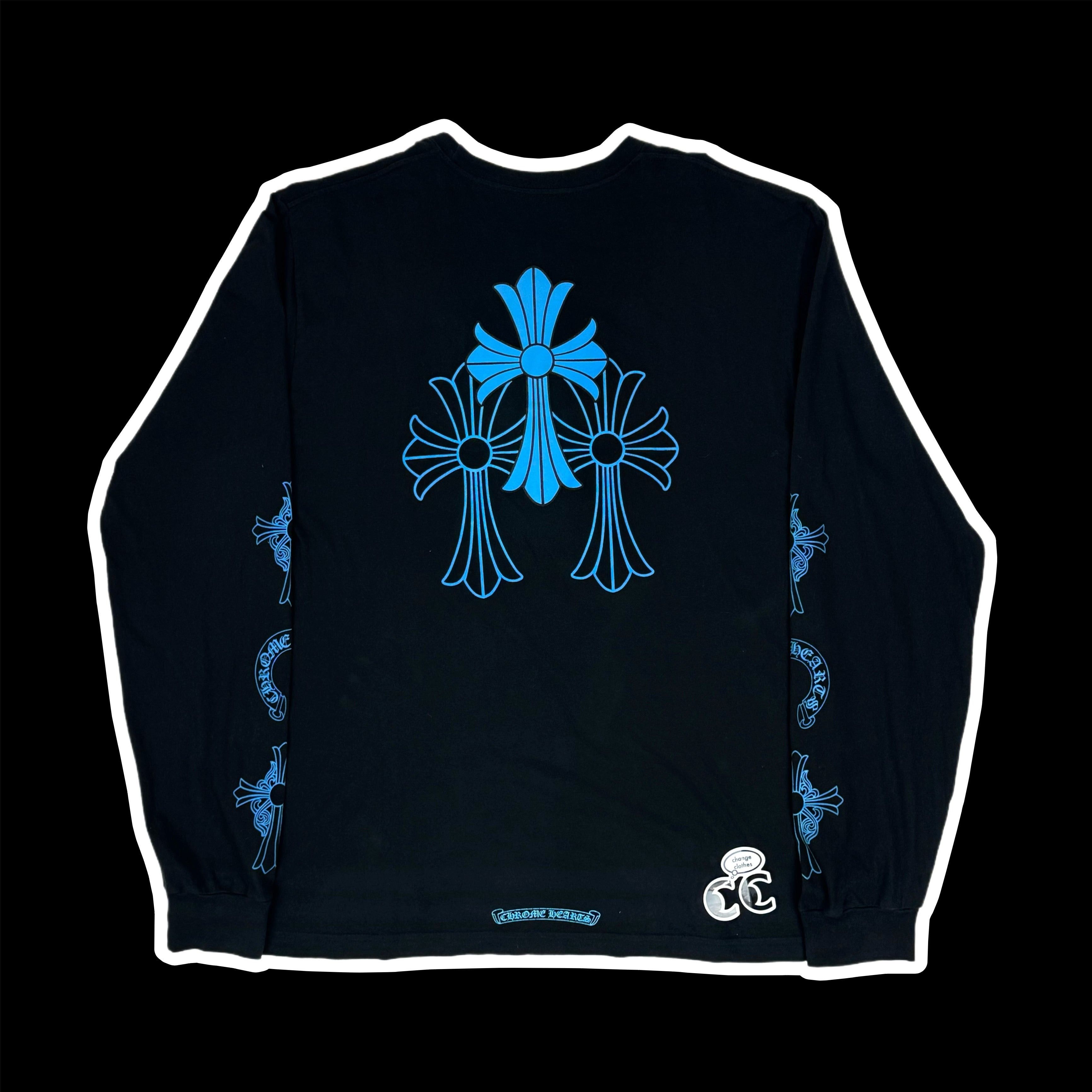 image of Chrome Hearts Blue Triple Cross Long Sleeve Tee Cemetery in Black, Men's (Size XL)