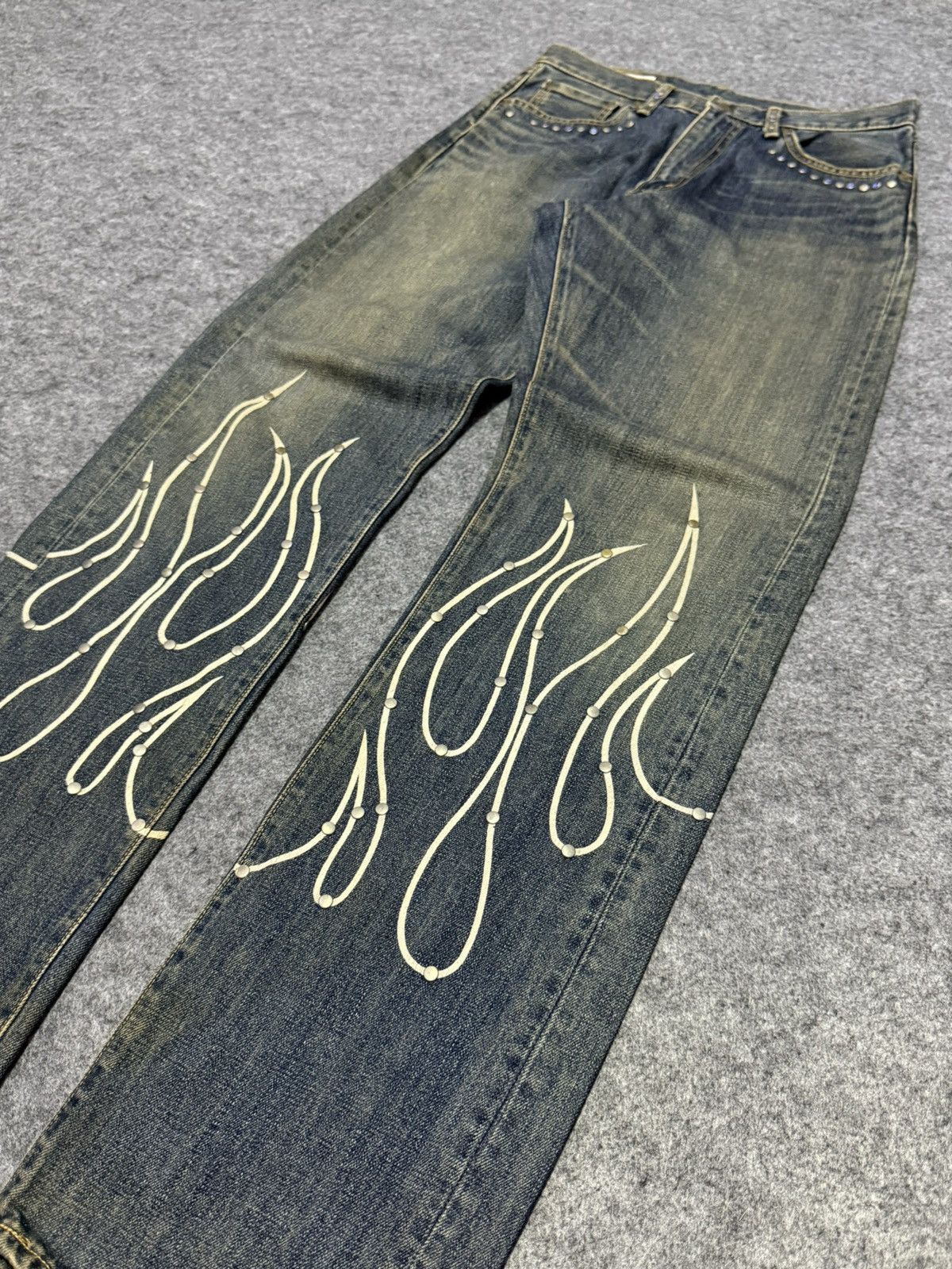 Big John × Edwin × Japanese Brand 90s Big John Studded Gemstone Tribal Flame Mud Wash Jeans Size US 30 / EU 46 - 9 Thumbnail