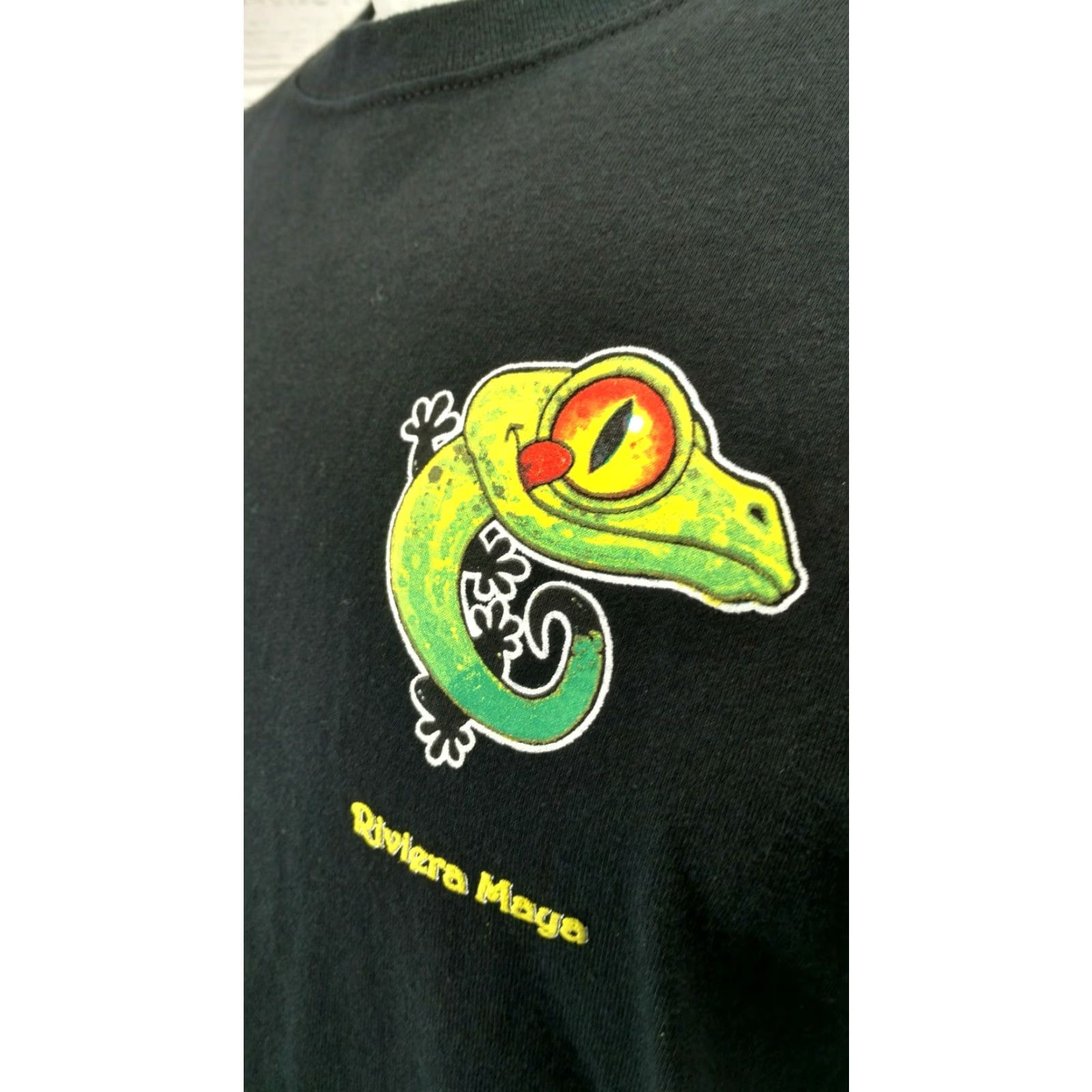 Vintage Caribbean Side Gecko Black T Shirt Men's L Crew Neck Short Sleeve Graphic Tee 100% Cotton Riviera Maya Mexico Vintage No Size US L / EU 52-54 / 3 - 5 Thumbnail