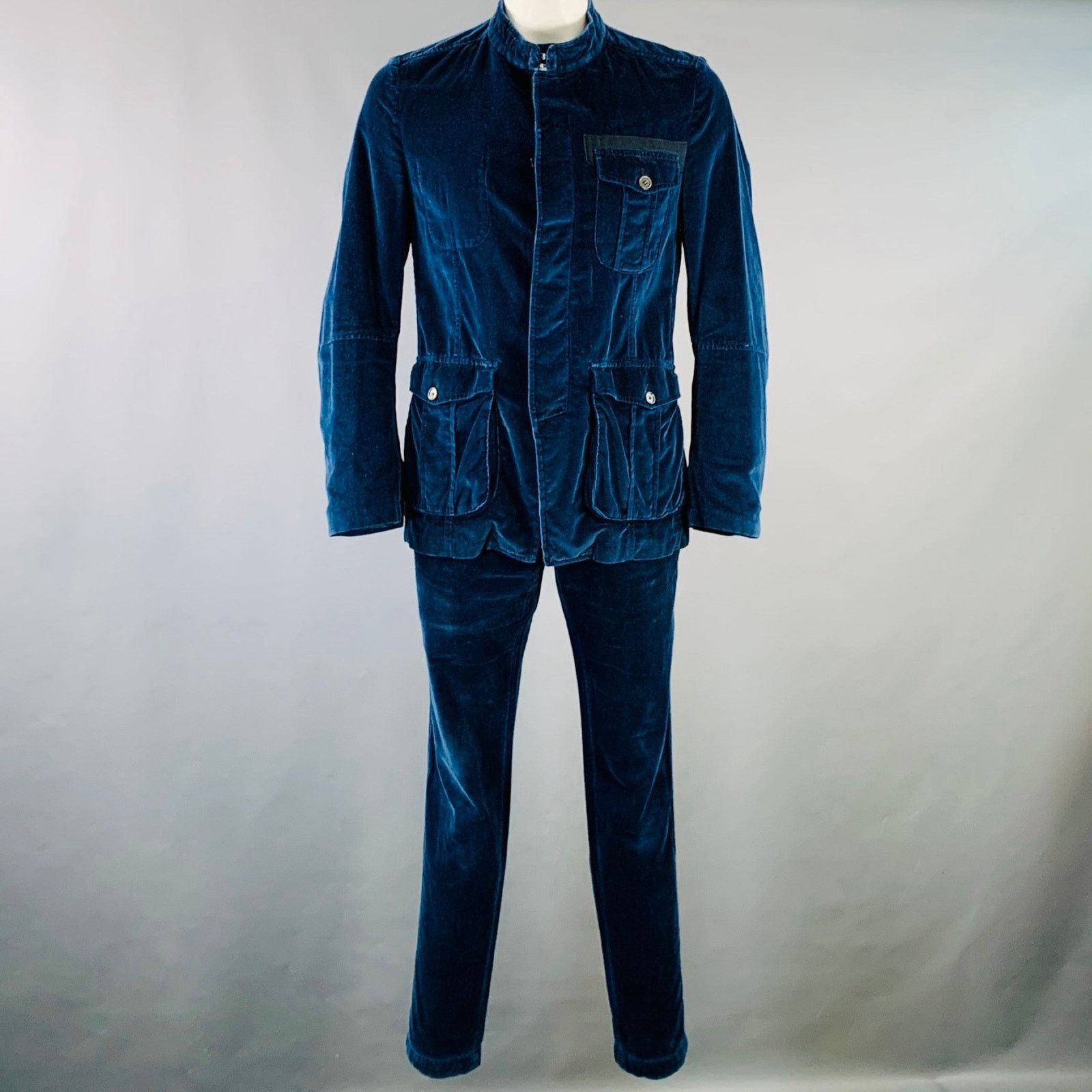 Size 42 Navy Black Velvet Cotton Nehru Collar Suit