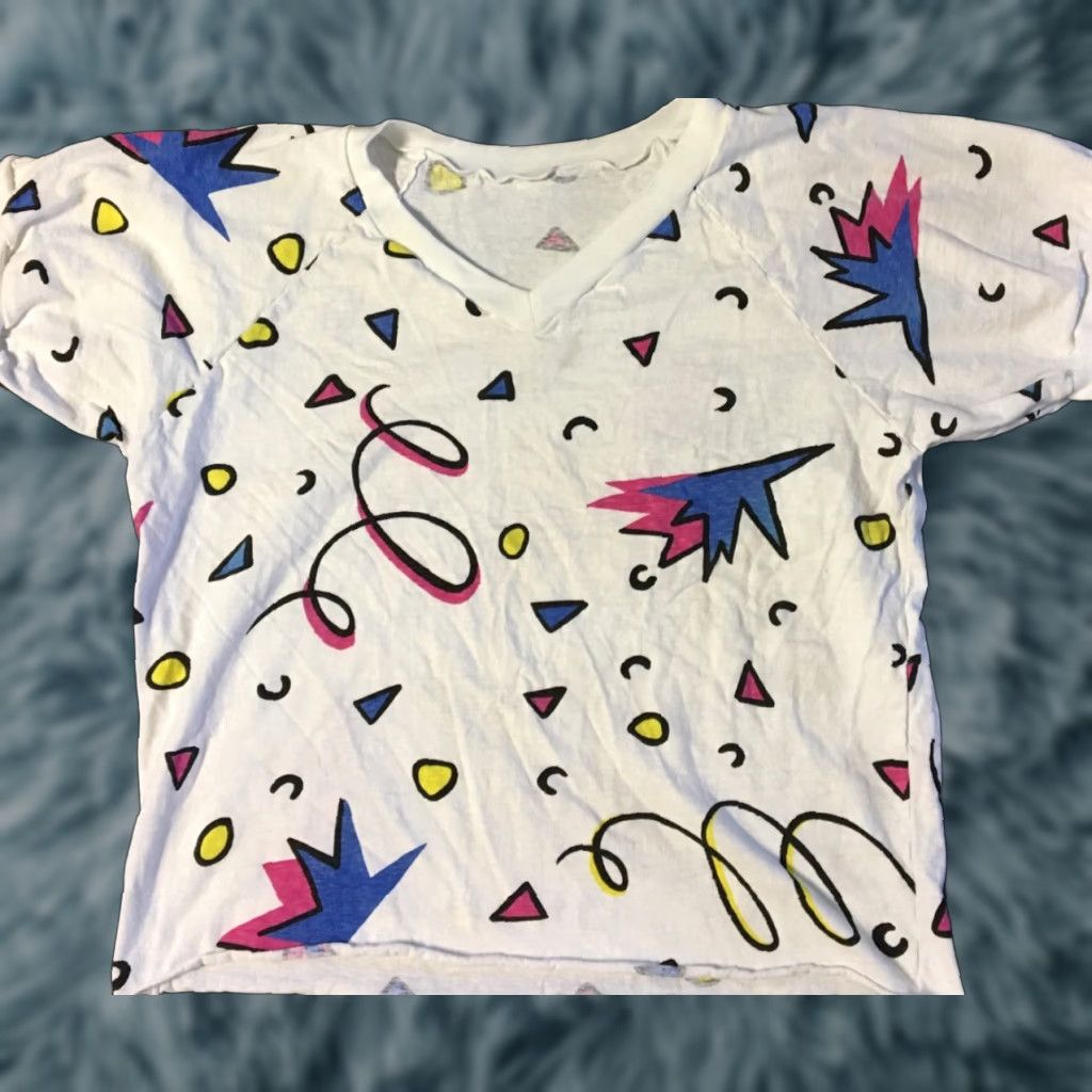 Vintage Vtg 90s Pop Art All Over Print Cropped Shirt L Abstract Vaporwave USA Grunge 80s Size L / US 10 / IT 46 - 1 Thumbnail