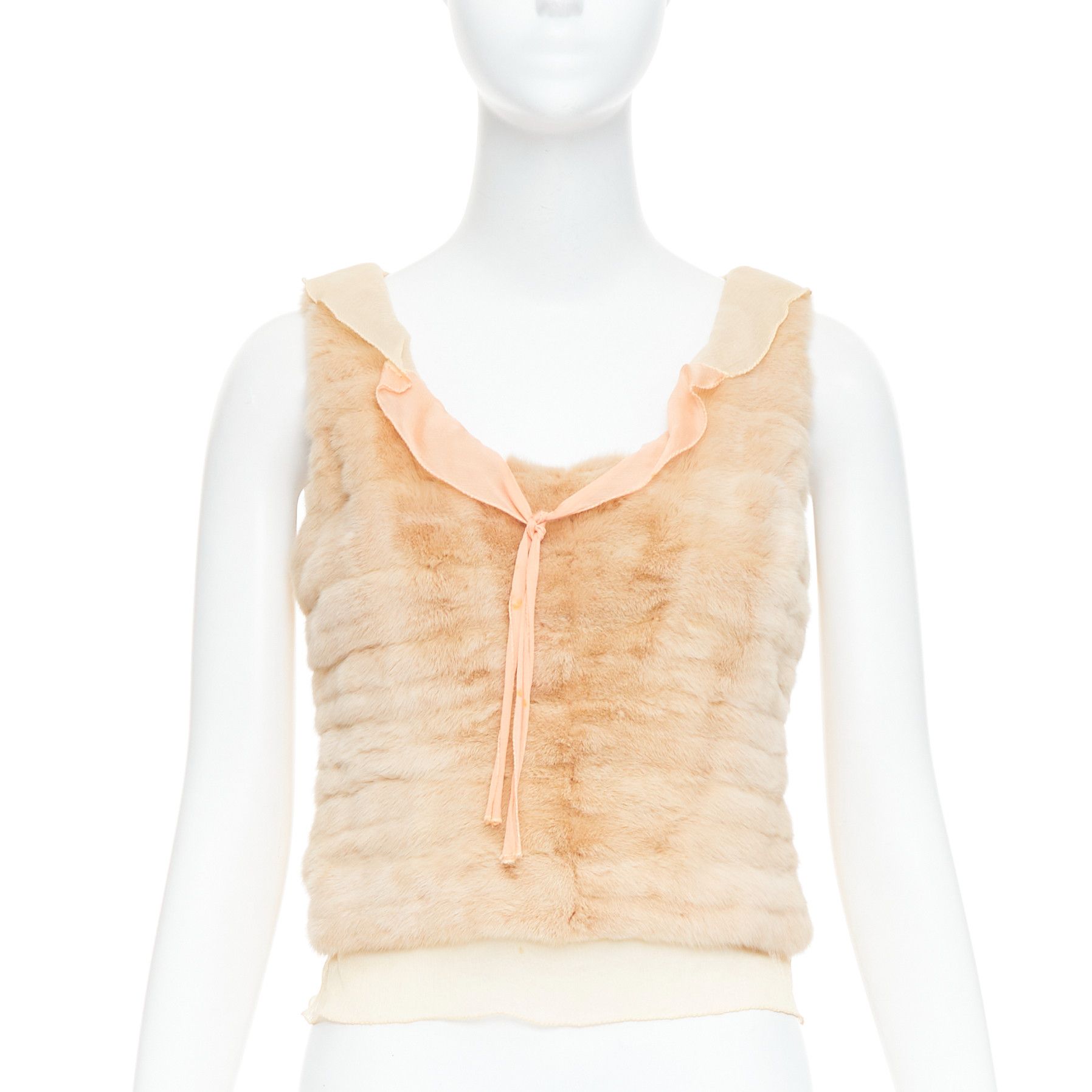 Prada rare PRADA Vintage cream dyed fur pink silk satin bow vest top IT40 S Size S / US 4 / IT 40 - 1 Thumbnail