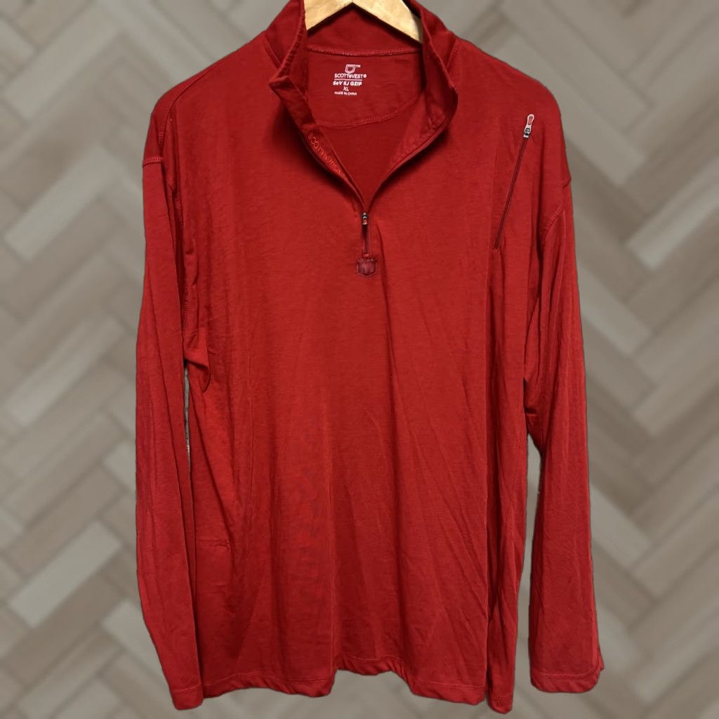 Vintage SCOTTeVEST SeV SJ Qzip 1/4 Zip Red Bamboo Long Sleeve Pullover XL Shirt Men Casual 1/4 Zip Pockets Lightweight All Seasons Vintage No Size US XL / EU 56 / 4 - 1 Thumbnail
