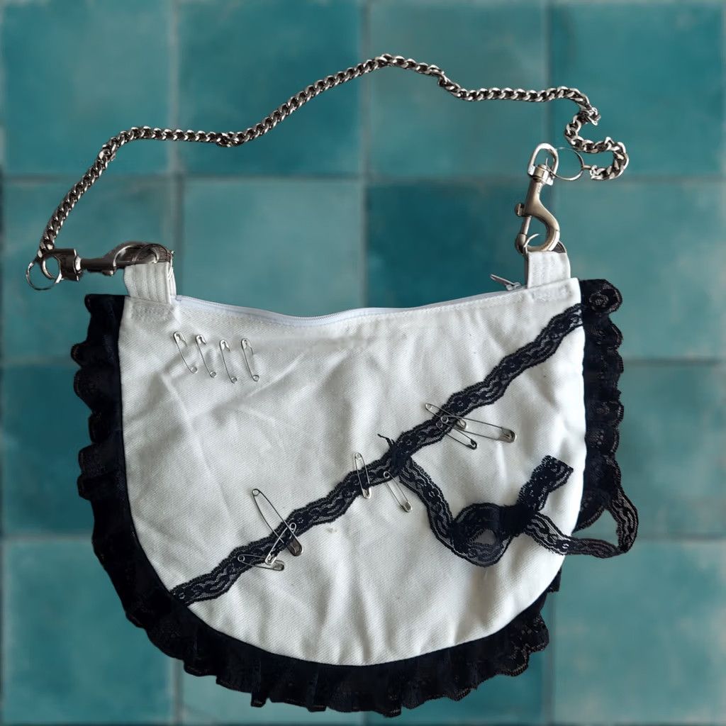 Vintage Handmade Black Lace Shoulder Bag with Chain Strap Pins - Small Women’s Bag, Silver Handle, Personalize, Stylish, Unbranded, Women, Bag Size ONE SIZE - 1 Thumbnail