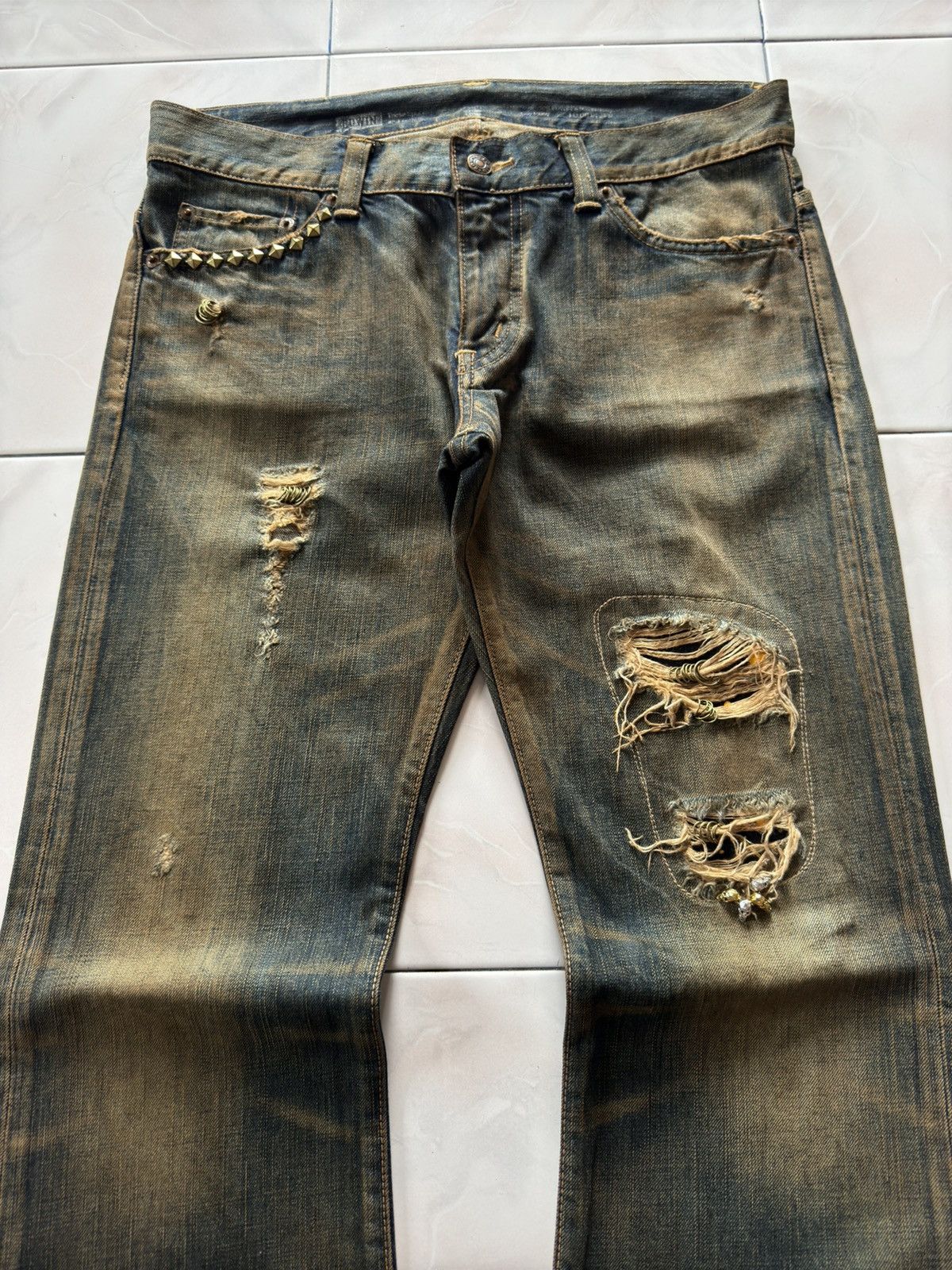 If Six Was Nine Rare Edwin 535 Pierced & Studs Heavy Mud Wash Flared Jeans Size US 32 / EU 48 - 3 Thumbnail