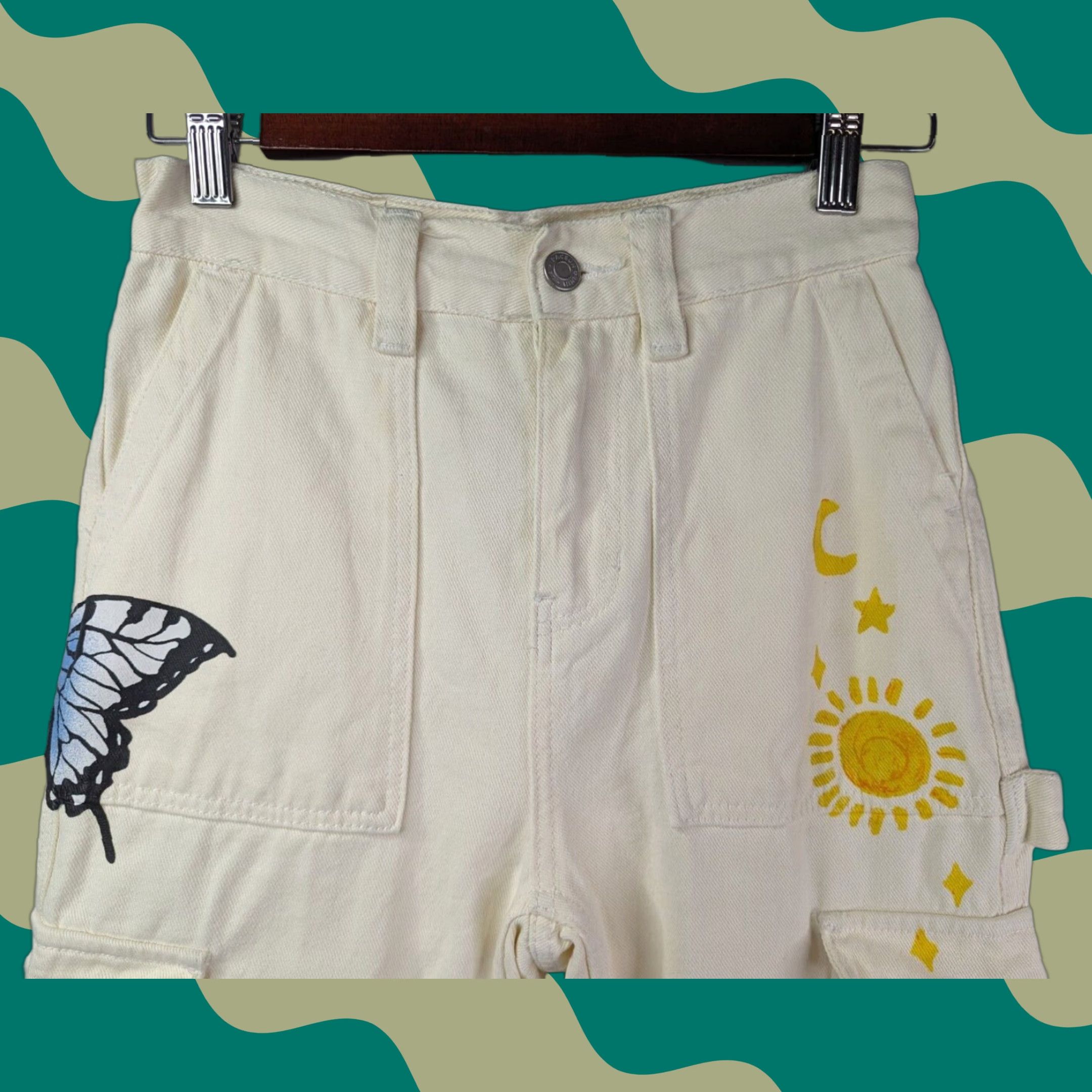 Pacsun Pacsun High Rise Carpenter Cargo Beige Jeans 24 Hippie Hipster Butterfly Size 42" / US 20 - 1 Thumbnail