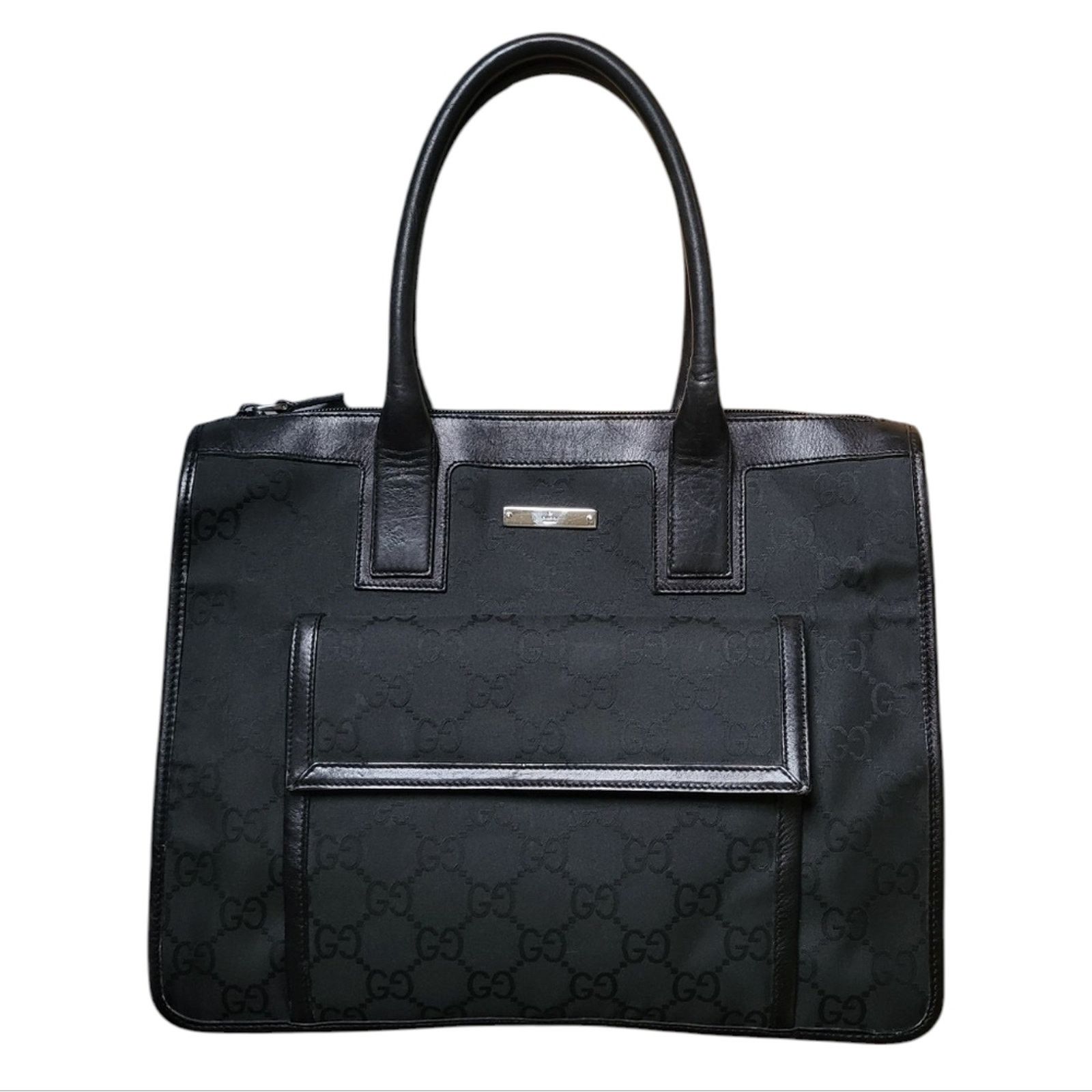 Gucci Gucci GG Nylon Leather Handbag Black Monogram Tote Bag Size ONE SIZE - 1 Thumbnail