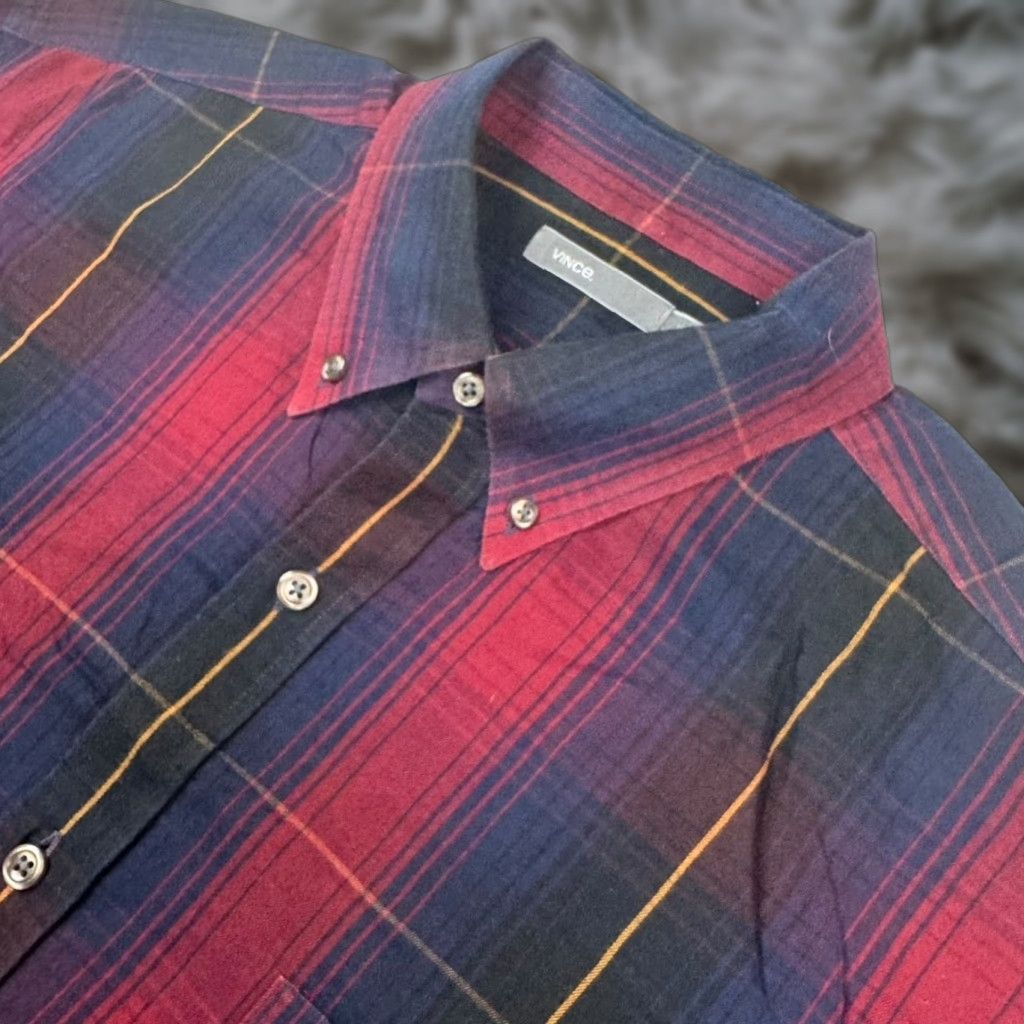 VINCE Men's Flannel Button-Up Shirt - Red/Black Plaid - XL - Cotton Blend - Long Sleeve