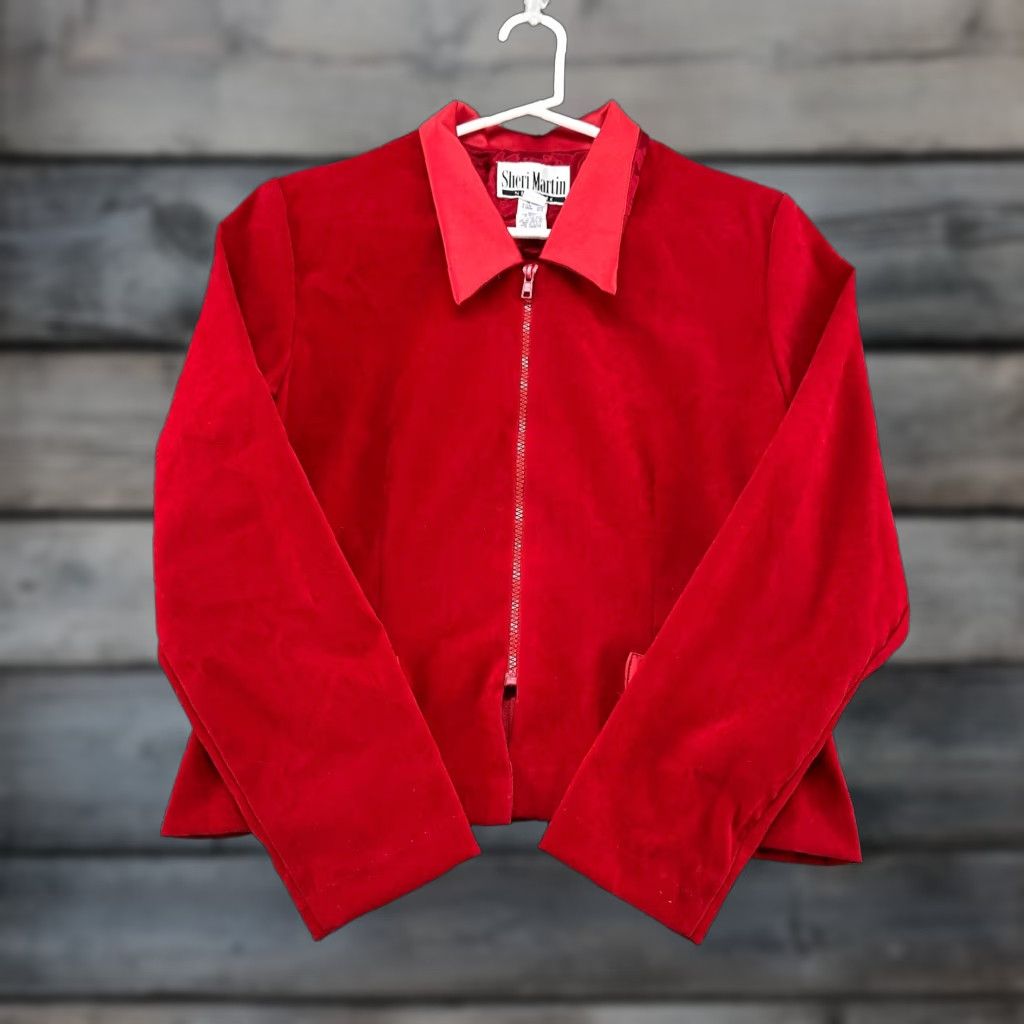 Velour VINTAGE Sheri Martin Jacket Womens 12 Red Cropped Boxy Full Zip Velour USA 90s Size XL / US 12-14 / IT 48-50 - 1 Thumbnail