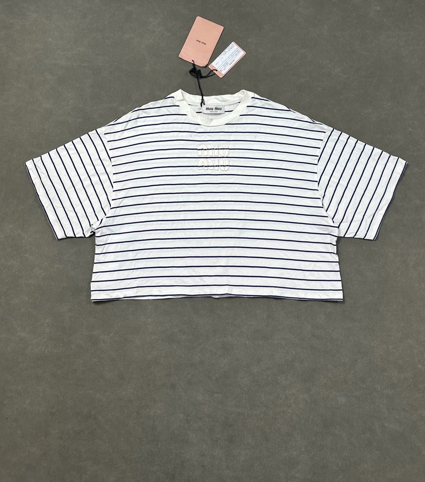 Miu Miu MIU MIU SS24 Oversized Striped Patch Logo Short-Sleeve Tee S Size S / US 4 / IT 40 - 1 Thumbnail