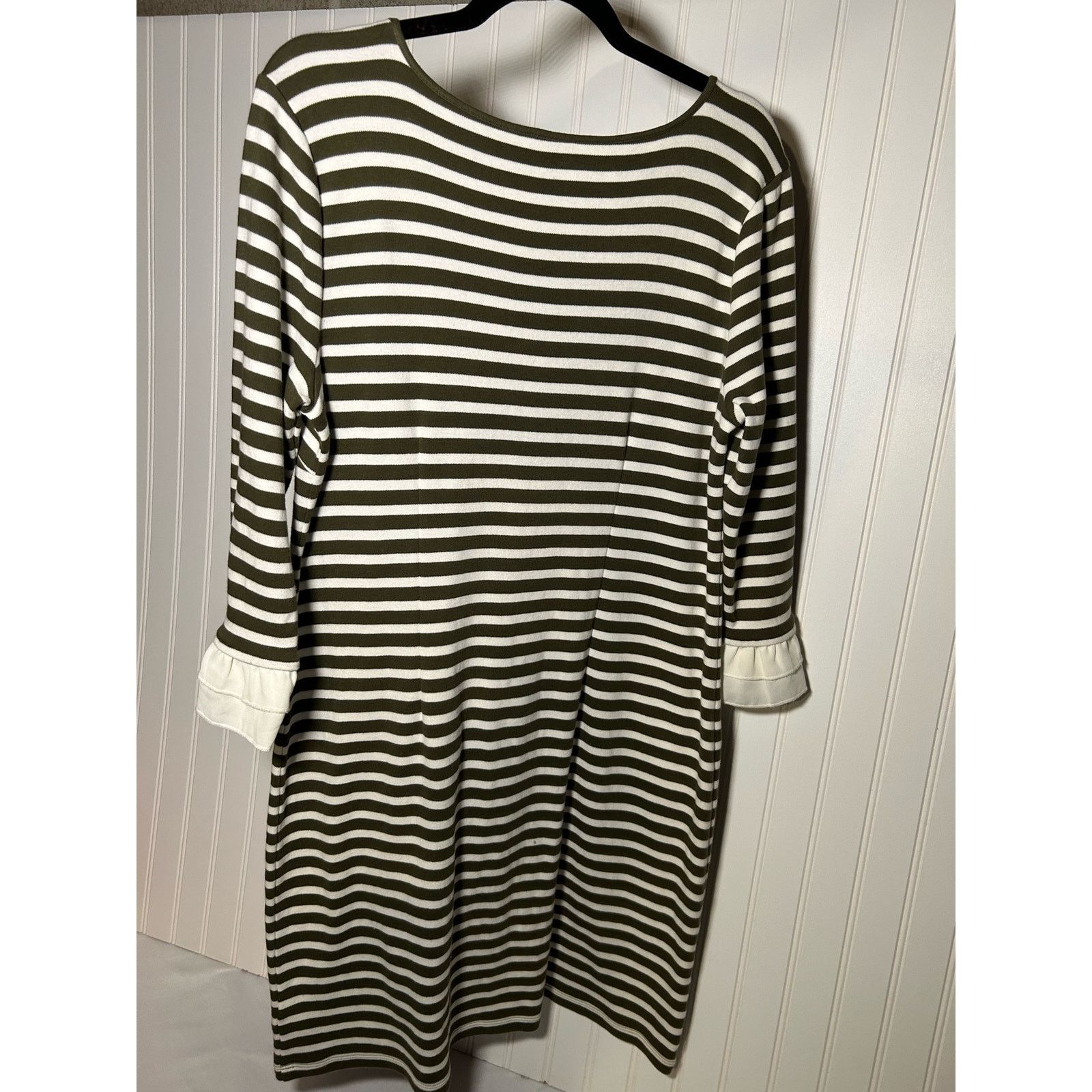 Robert Talbott Talbots Olive Green & Ivory Striped Dress W/Ruffled Size L Size L / US 10 / IT 46 - 4 Thumbnail