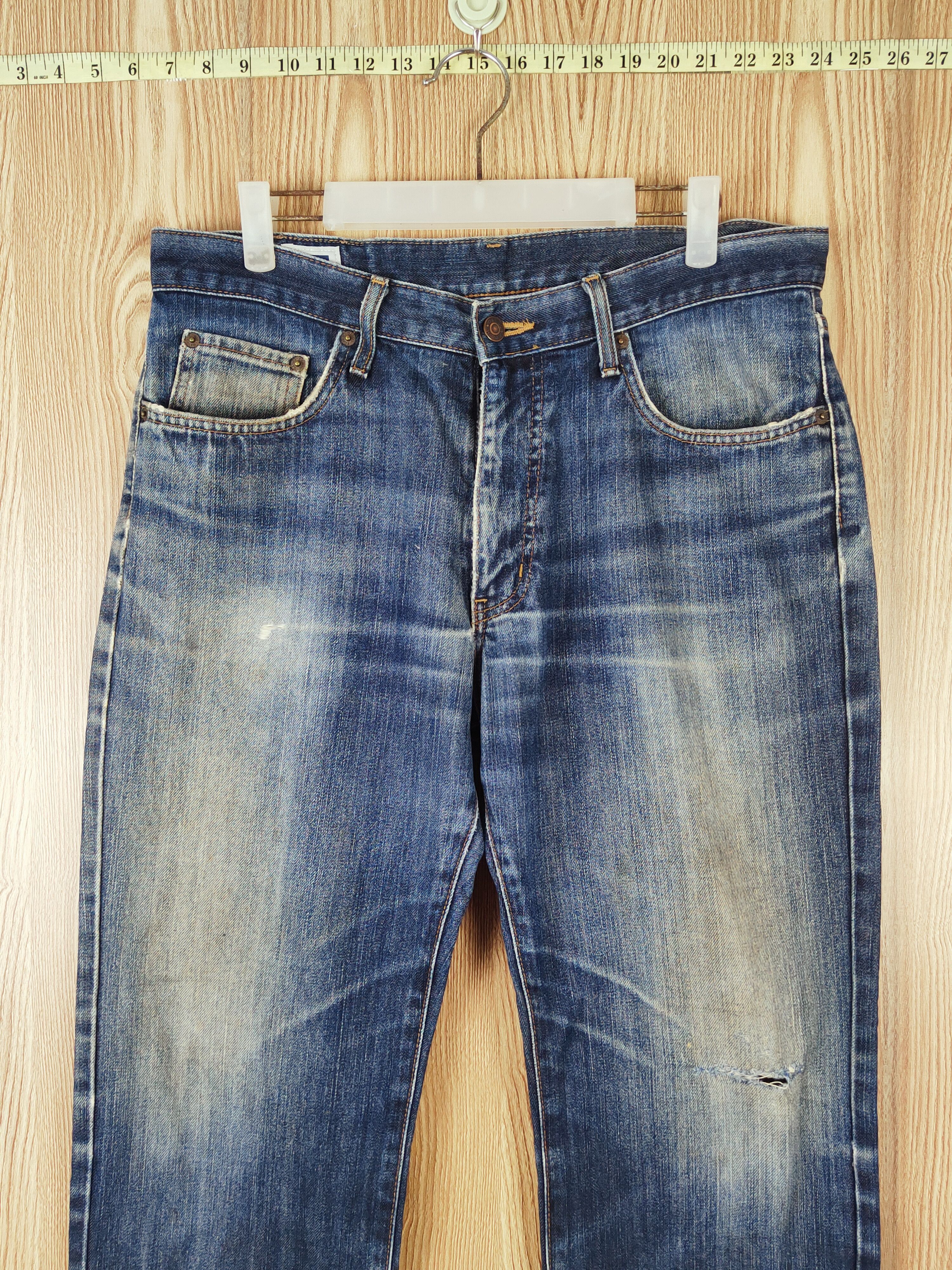 Edwin × Vintage Edwin Dark Blue Faded Distressed Ripped Jeans Size US 35 - 2 Thumbnail