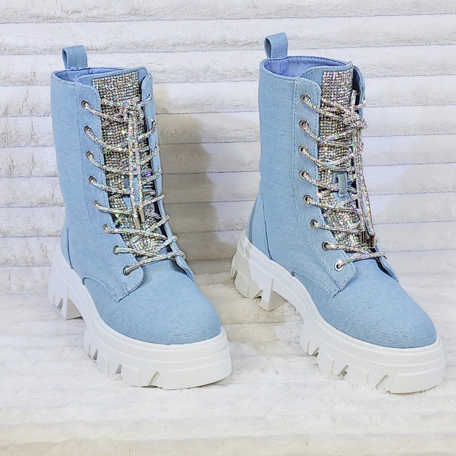 Other Rowan Denim Combat Ankle Boots Iridescent Rhinestone Tongue Size US 9 / IT 39 - 1 Thumbnail
