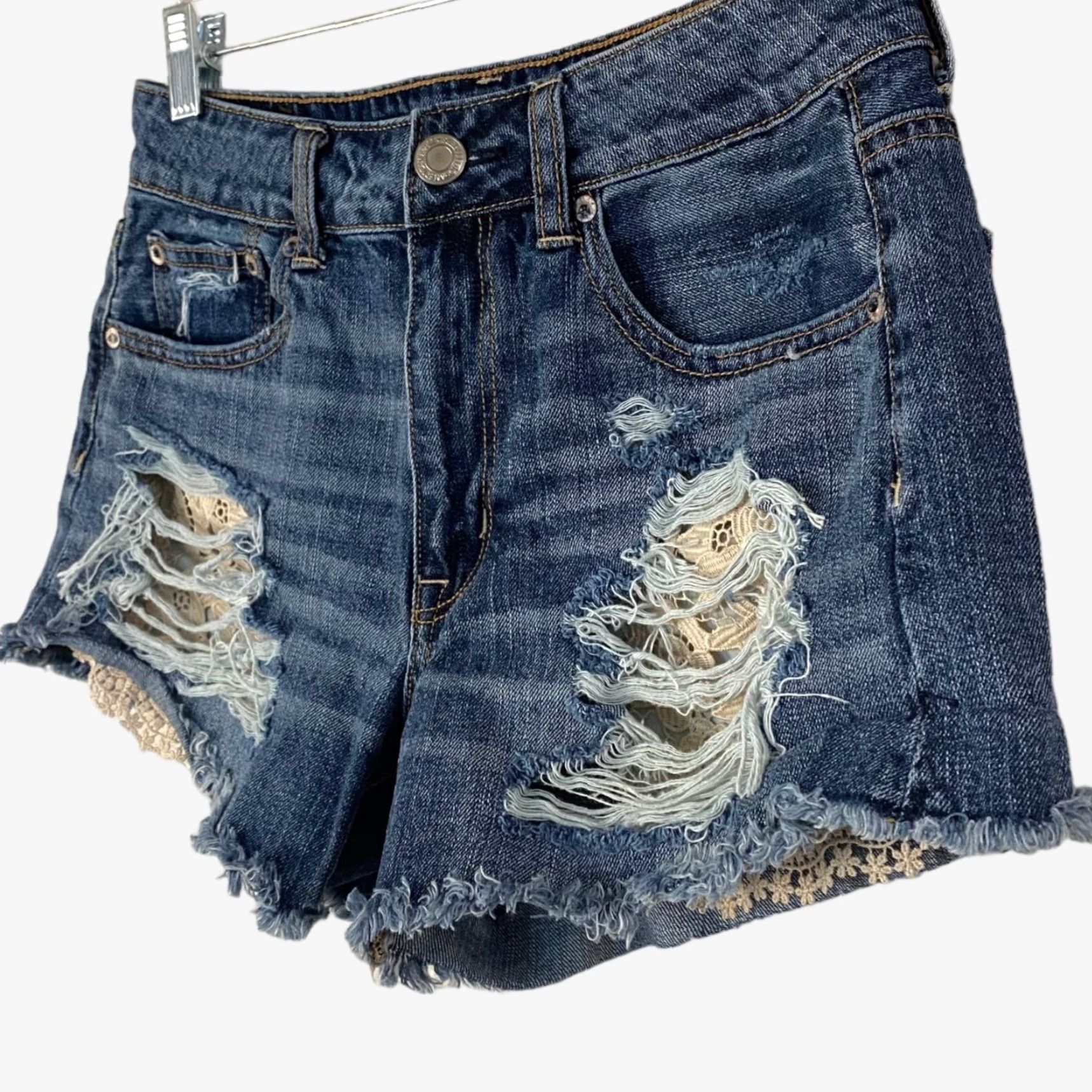 Vintage American Eagle Shorts Women's 6 Blue Denim High-Waisted Festival Distressed Jean Size 28" / US 6 / IT 42 - 3 Thumbnail