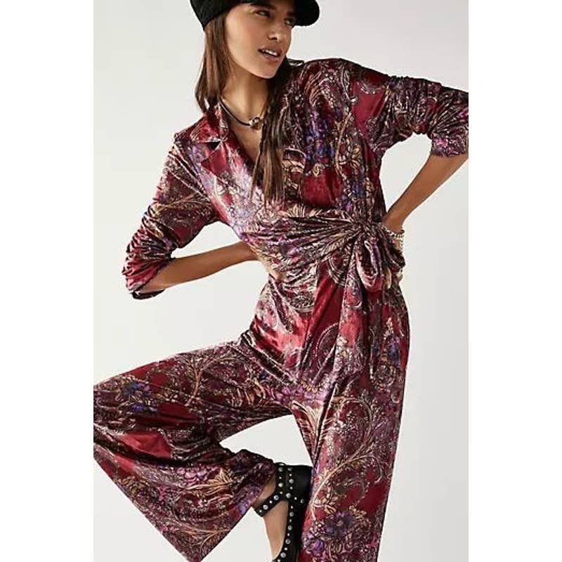 Free People New Delphine Velvet Paisley Floral Jumpsuit $178 MEDIUM Wine Size 32" / US 10 / IT 46 - 1 Thumbnail
