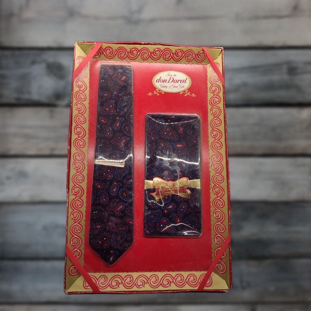 Vintage VINTAGE Dom Doral Tie Gift Set Paisley - Black/Blue/Red - Men's Tie & Kerchief - 1960s-1970s New In Package - Mens Size ONE SIZE - 1 Thumbnail
