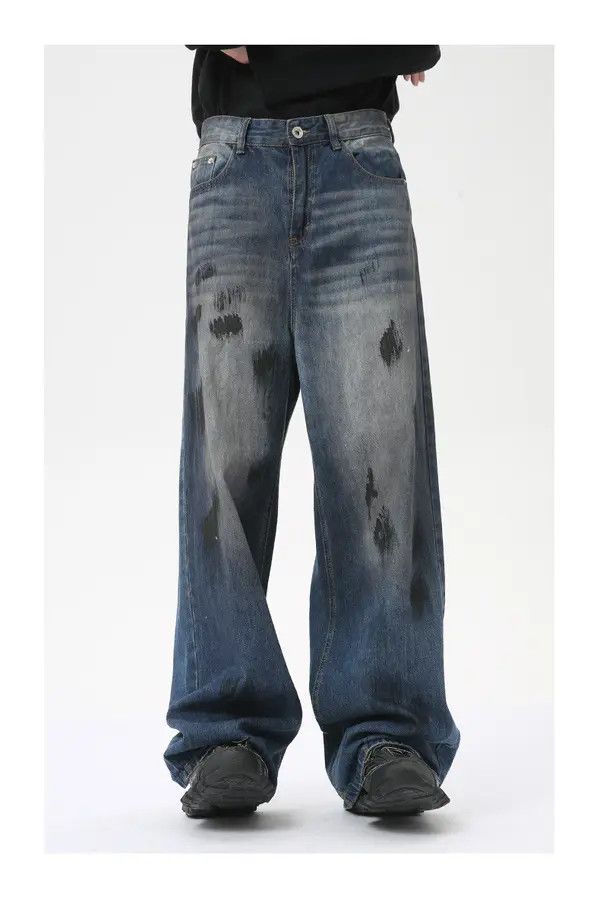 Japanese Brand Street Fashion Ink-Splashed Straight Washed Jeans Size US 32 / EU 48 - 3 Thumbnail