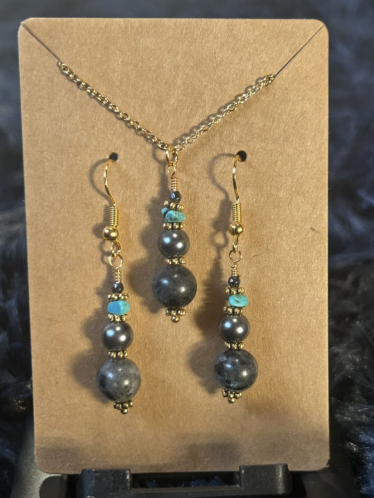 Handmade Handcrafted larvikite Czech glass pearl turquoise set Size ONE SIZE - 2 Thumbnail