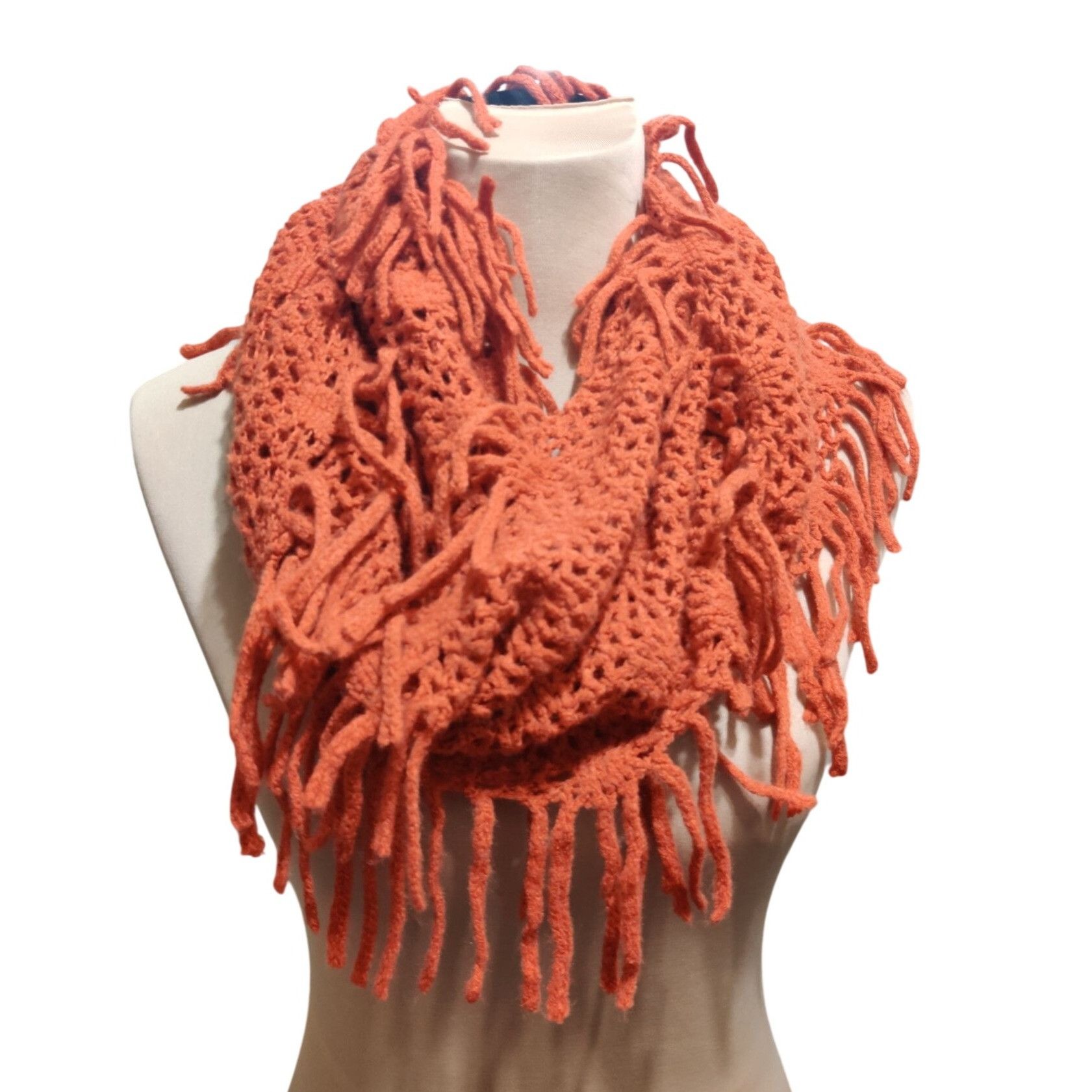 Other Rust Crochet Infinity Scarf Open Weave Fringe Loop Boho Dese Size ONE SIZE - 3 Thumbnail