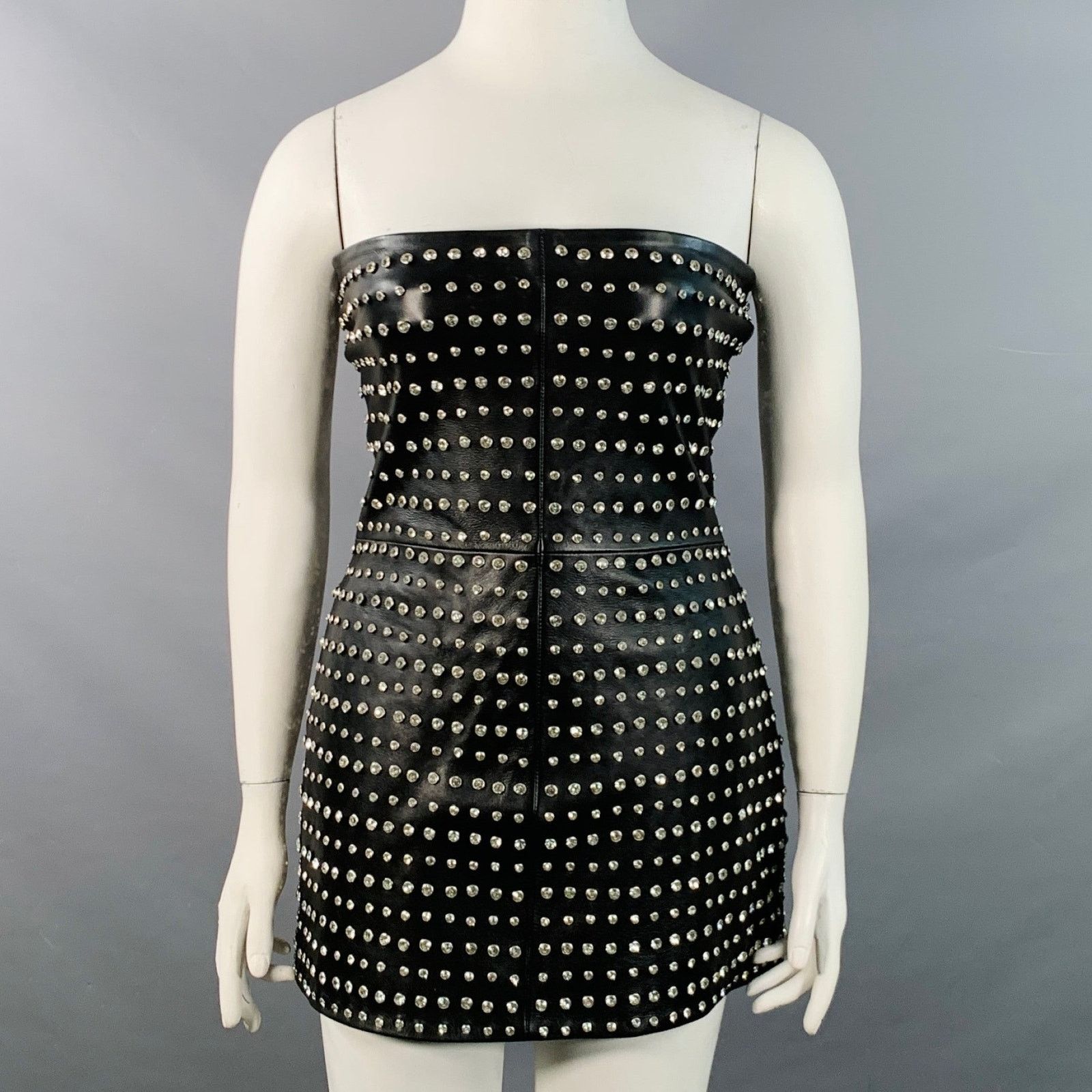 Retrofete L Black Silver Leather Strapless Crystal Studded Mini Dress Size L / US 10 / IT 46 - 1 Thumbnail