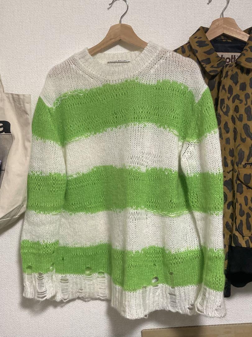 image of Acne Studios Distressed Mohair Striped Knit Sweater in Green, Men's (Size Small)