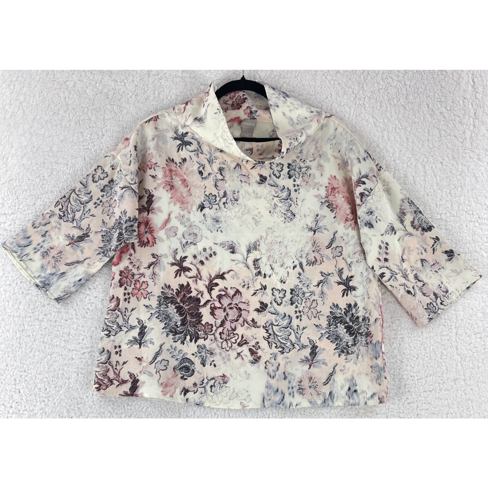 Vintage Chico's Shirt Womens Size 8/10 Ivory Parisian Floral Mock Neck 3/4 Sleeve Shirt Size M / US 6-8 / IT 42-44 - 2 Thumbnail