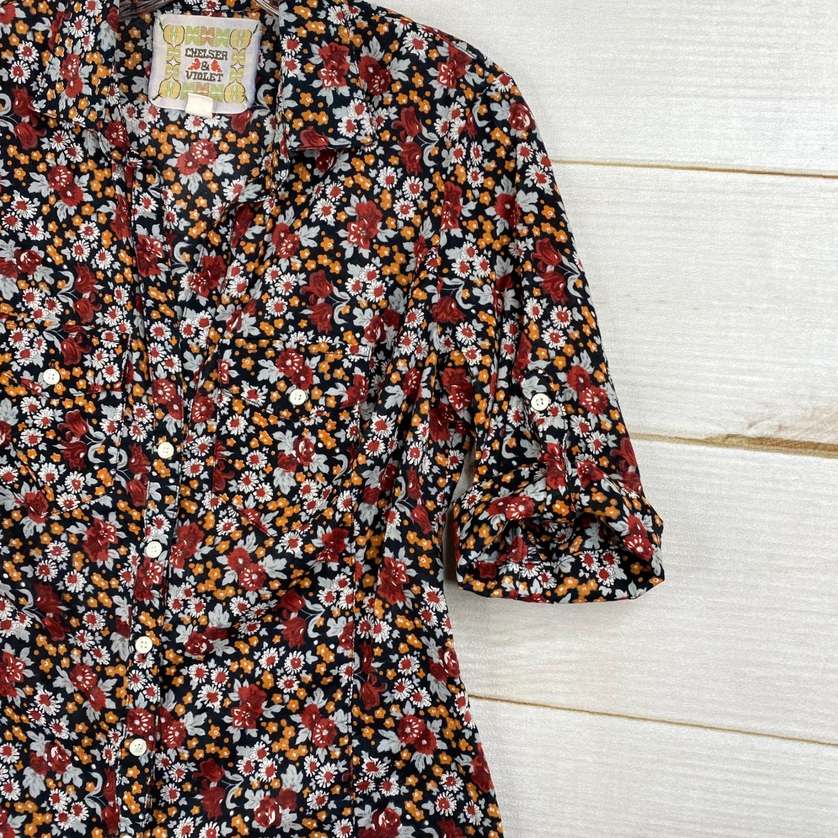 Vintage Chelsea & Violet Blouse Womens M Brown Floral Button Up 3/4 Sleeve Boho Prairie Shirt XS? Size M / US 6-8 / IT 42-44 - 5 Thumbnail
