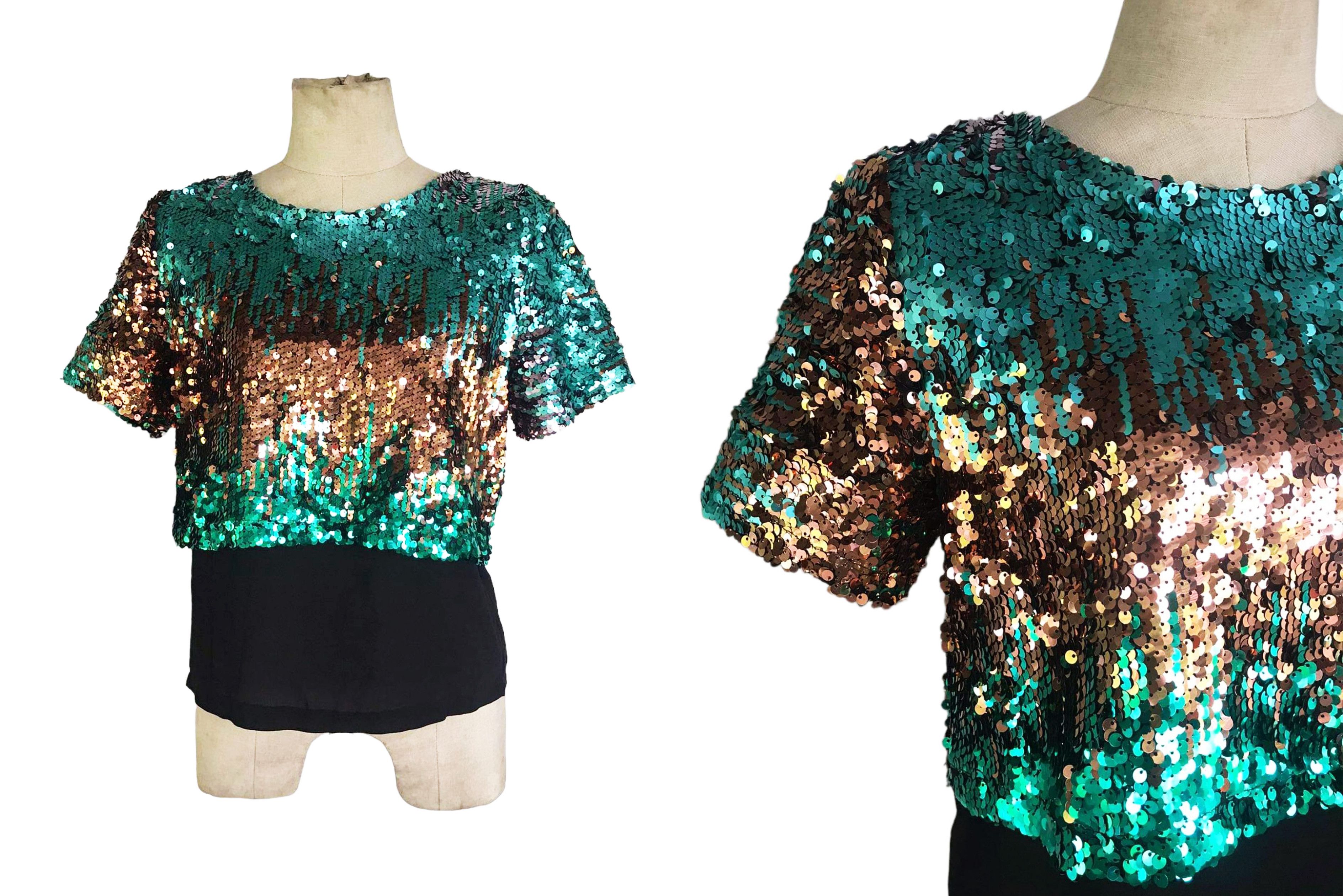 Vintage Green and Bronze sequin Blouse, sheer chiffon layered Size M / US 6-8 / IT 42-44 - 8 Thumbnail