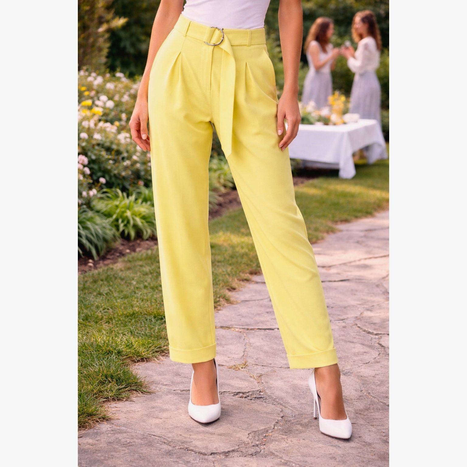 Tanya Taylor Tanya Taylor Tyler Cuffed Pleated Belted Pants Daffodil 4 Size 27" / US 4 / IT 40 - 1 Thumbnail