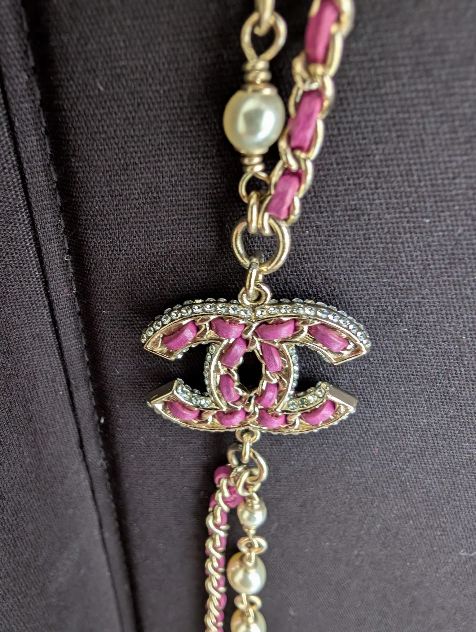 Chanel Chanel CC B21P Logo Pink Leather Pearl Crystal GHW Necklace Size ONE SIZE - 8 Thumbnail