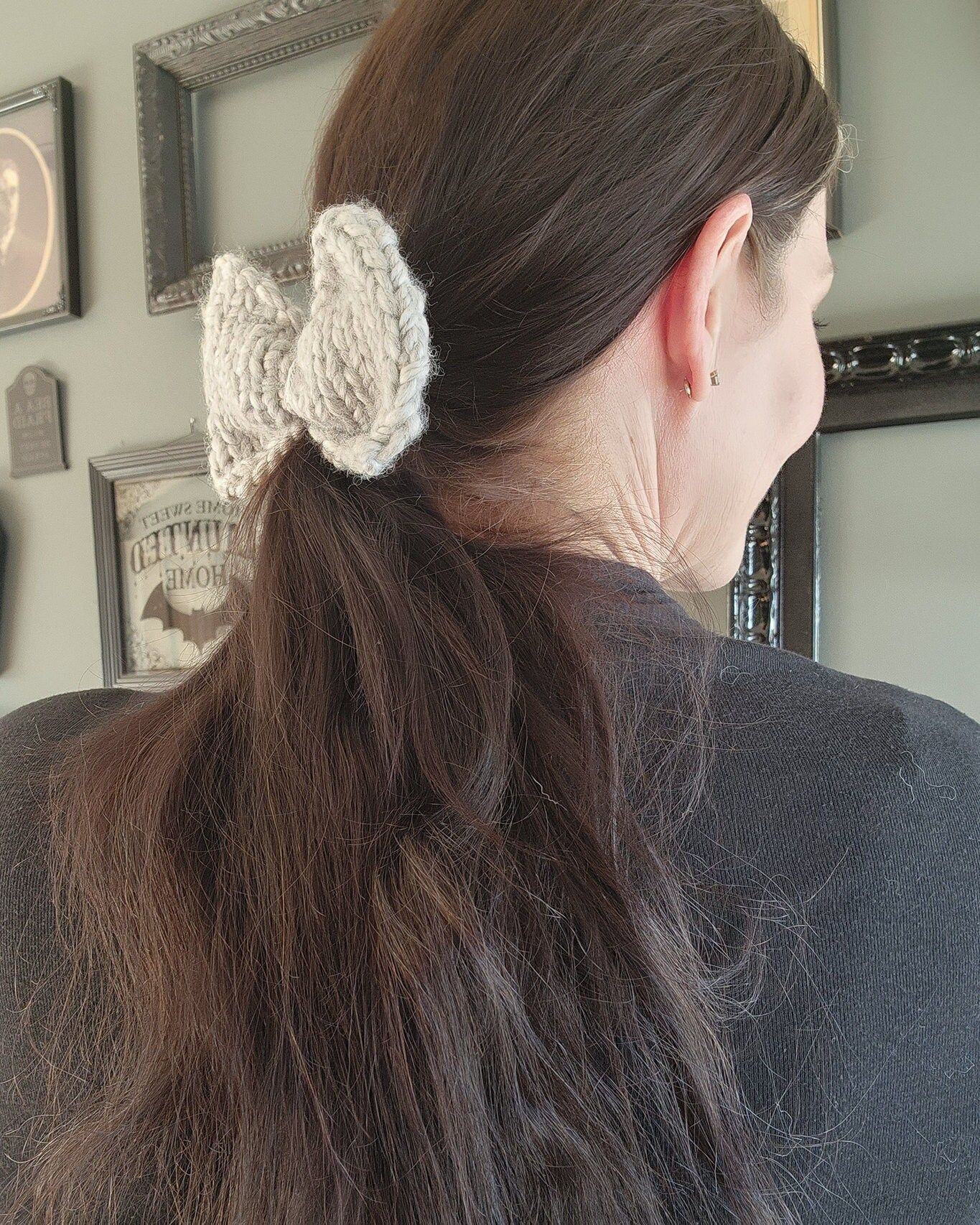 Handmade Hand Knit Hair Bow, Frost Gray Ponytail Holder or Hair Band, Size ONE SIZE - 5 Thumbnail