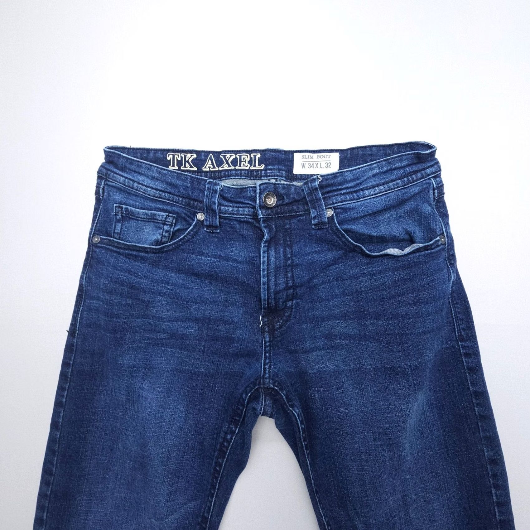 Vintage TK Axel Slim Boot Jeans Mens 34 x 30 Dark Wash Western Flex Denim 5-Pocket Logo Button Slim Bootcut Cotton Blend Blue Jeans Mens Size US 34 / EU 50 - 4 Thumbnail